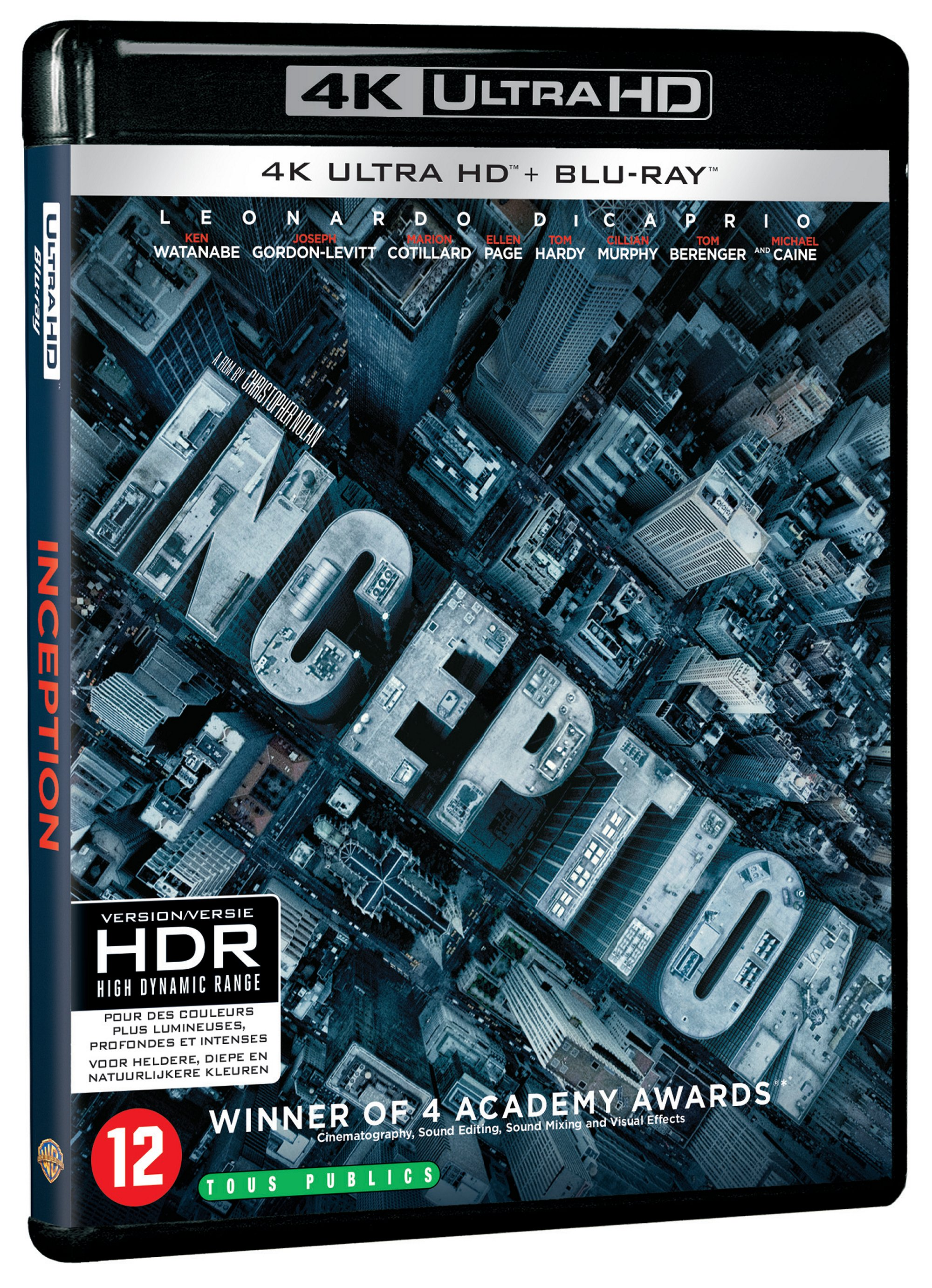 Inception Blu-ray disc. Afbeelding van stad met tekst overlay. Zwarte hoes.