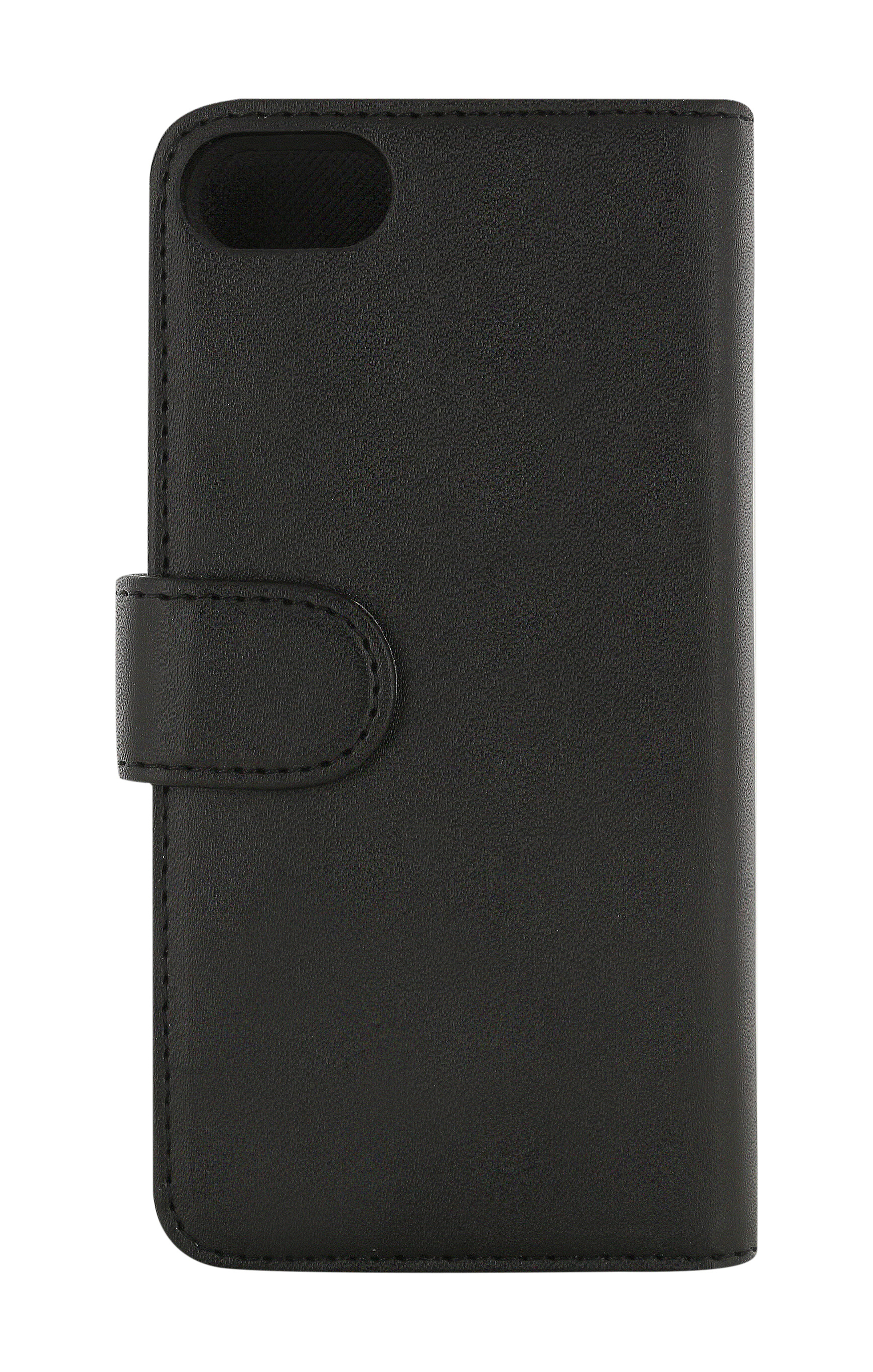 Geschlossene, schwarze Handyhülle mit Knopf und glatter lederartiger Oberfläche.
