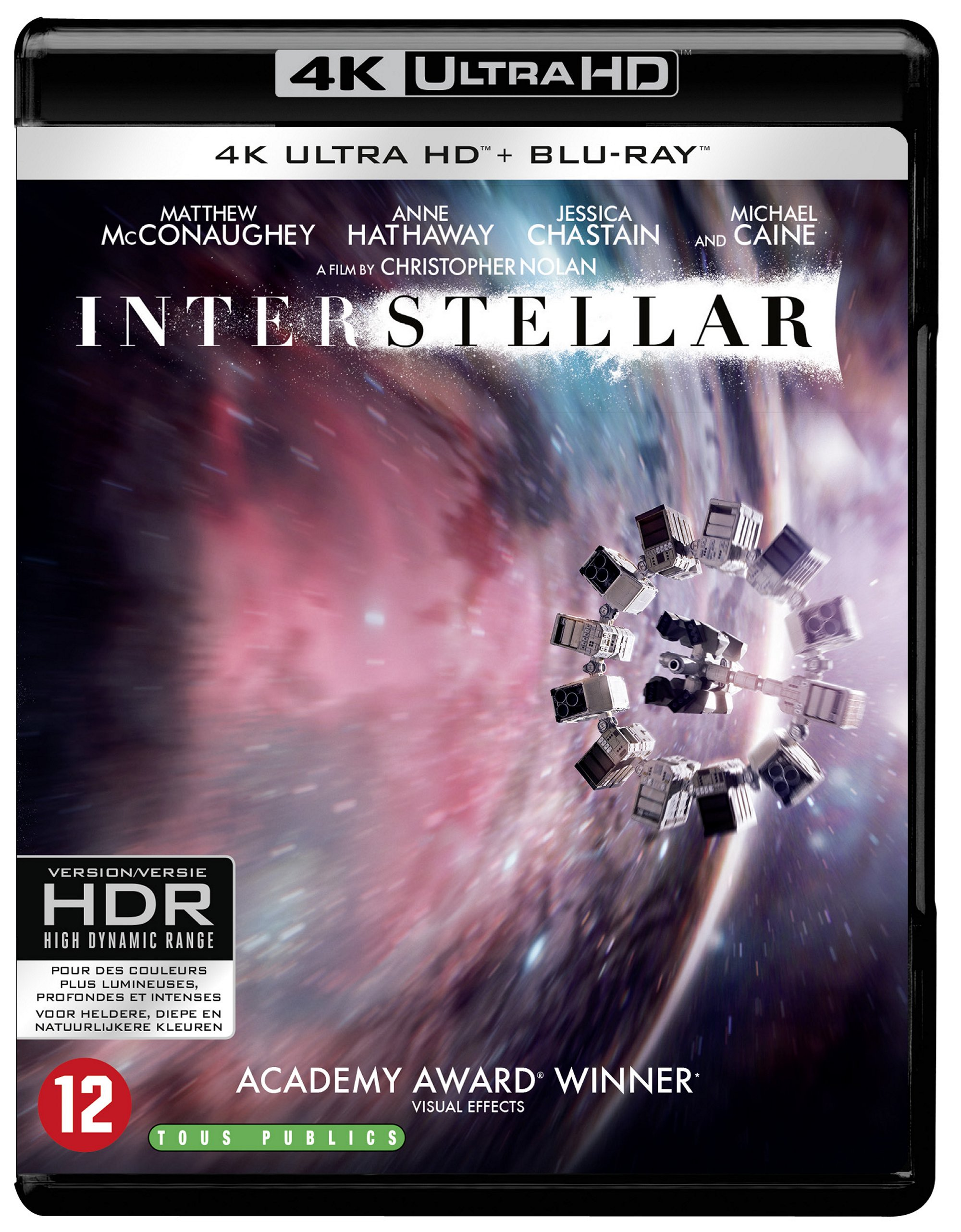 Jaquette Blu-ray 4K Ultra HD pour 'Interstellar', avec une scène spatiale et les noms des acteurs.