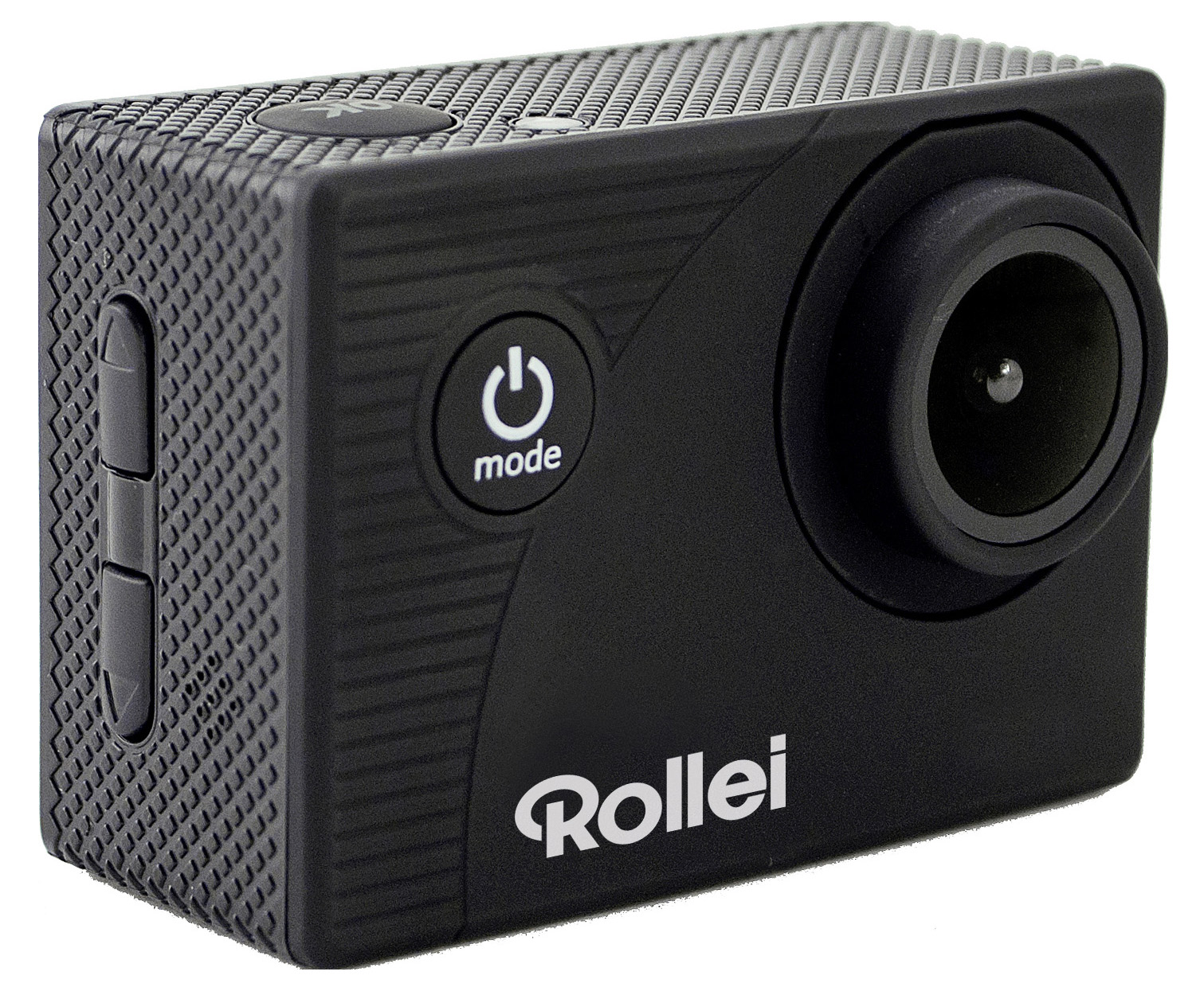 Black action camera with power and mode buttons, and the Rollei logo on the side.