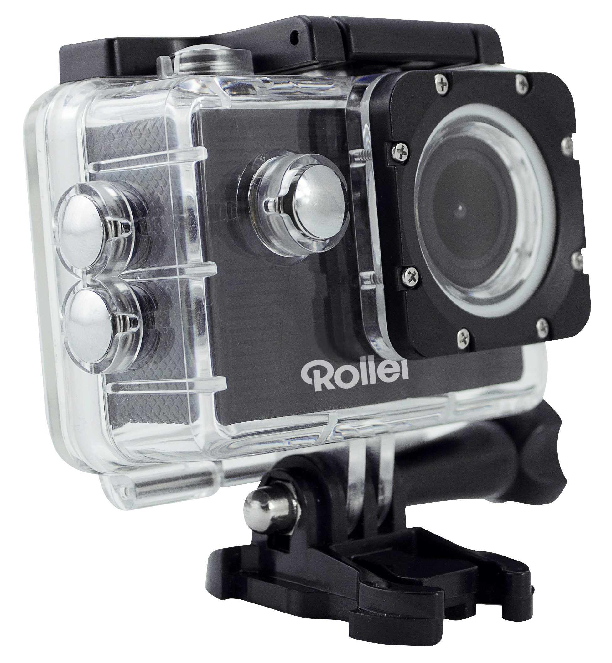 A black action camera in a clear case, with buttons and a lens.