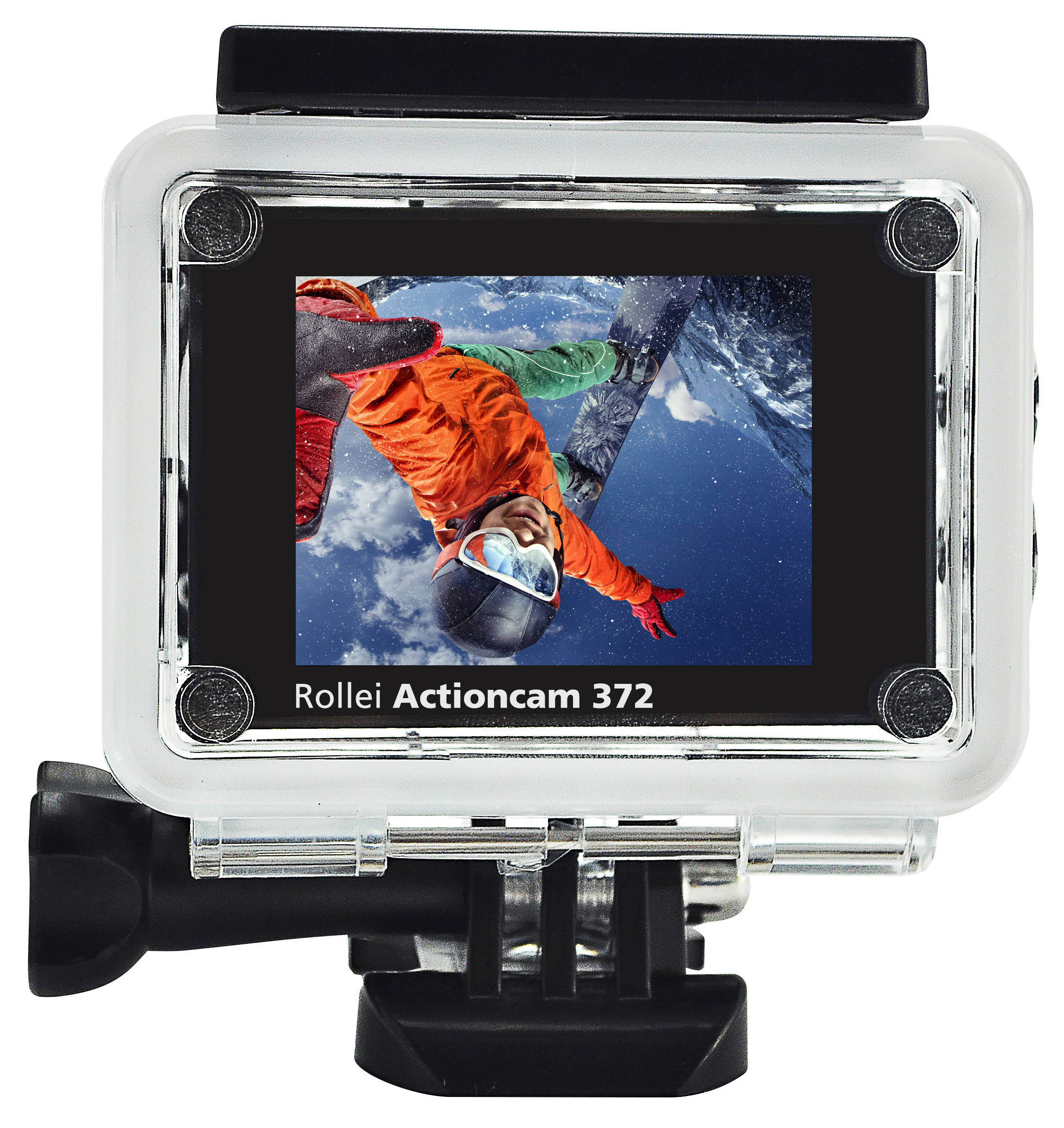 A Rollei Actioncam 372 in a clear case, displaying a skier. The camera is white.