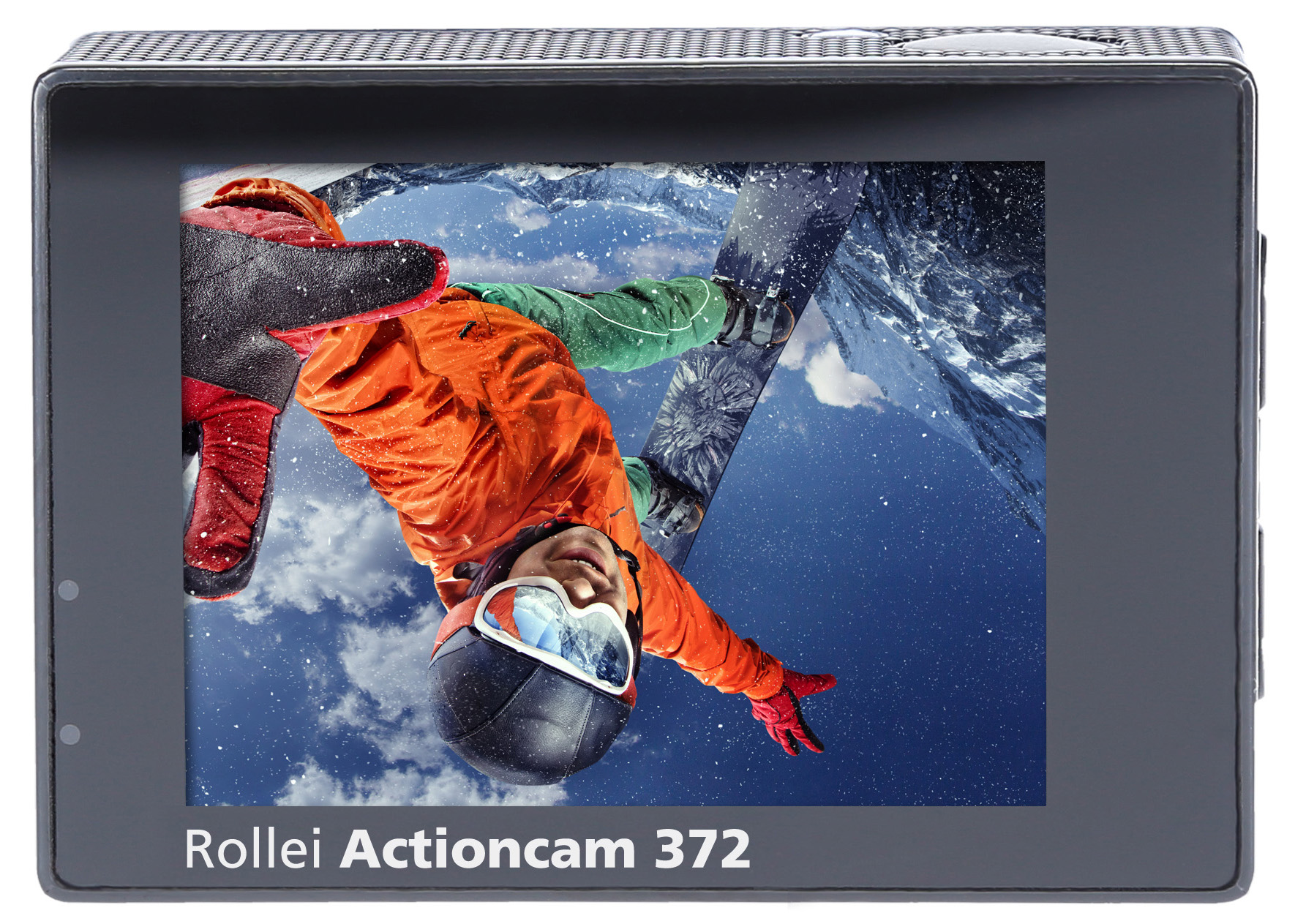 Action camera screen showing a snowboarder mid-air, snowy mountain background.