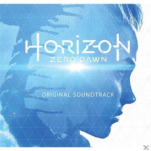 Horizon Zero Dawn Soundtrack-Cover. Blauer Hintergrund mit Silhouette und Spieltitel.