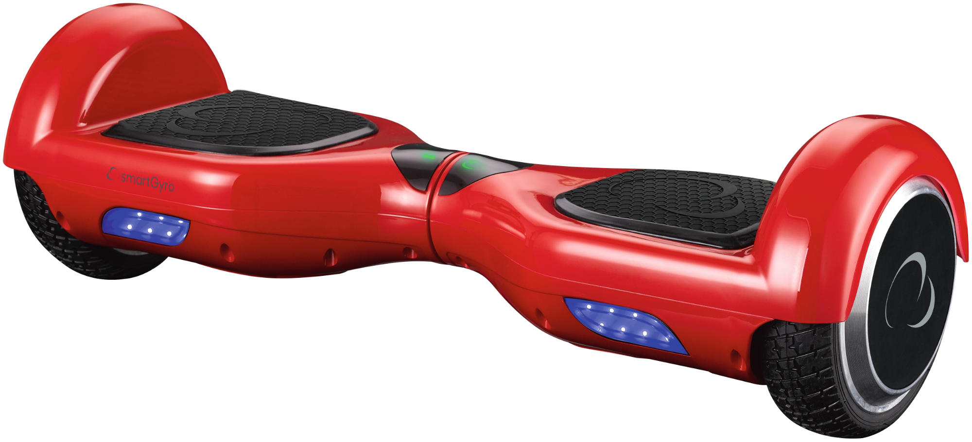 Hoverboard rojo con almohadillas negras y luces azules sobre superficie blanca.