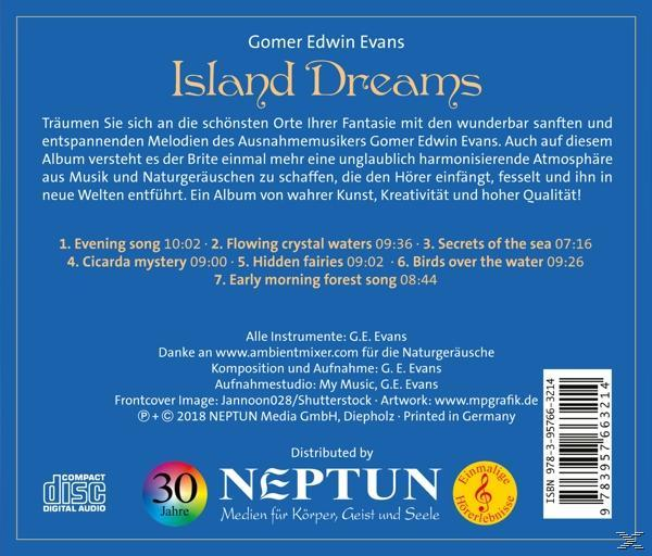 CD-Hülle, Rückseite. Text und Illustrationen auf Blau. Titel „Island Dreams“.