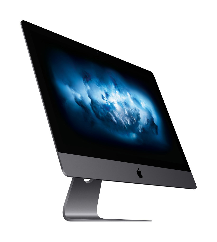 Ein Apple iMac Computer. Der Bildschirm zeigt ein blaues, wolkiges Bild. Der Computer ist geneigt.
