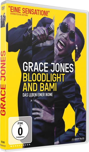 DVD-Cover für Grace Jones-Dokumentation. Jones ist in mehreren Bildern auf gelbem Hintergrund zu sehen. Text ist prominent.