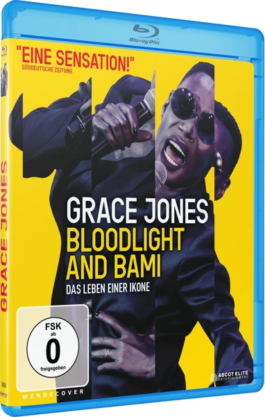 Grace Jones Blu-ray-Hülle, zeigt ihr Bild. Gelber Hintergrund, Text auf Deutsch.