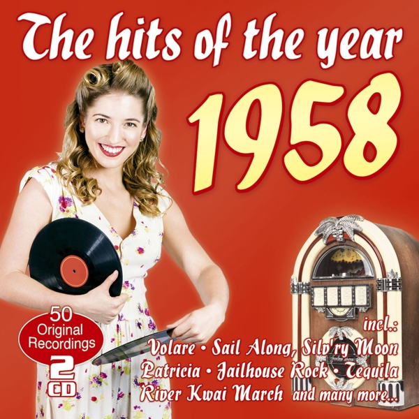 Albumcover mit einer lächelnden Frau, die eine Schallplatte und eine Jukebox hält. Text: Die Hits des Jahres 1958.