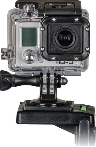 Egy fekete-ezüst GoPro Hero kamera egy fekete tartóra van szerelve.