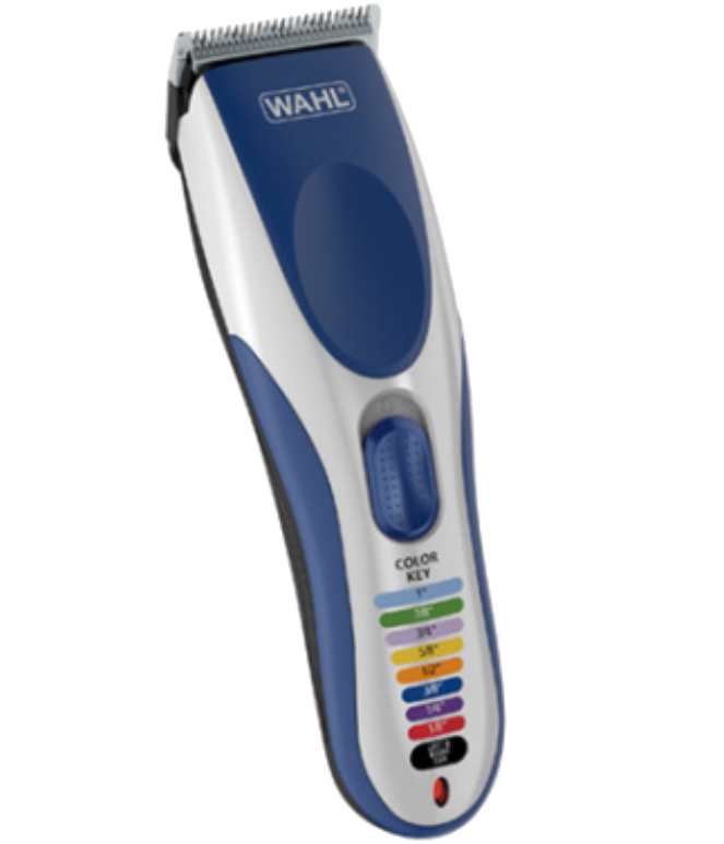 A blue, white, and silver Wahl hair clipper. Color-coded guide comb sizes are shown on the body.