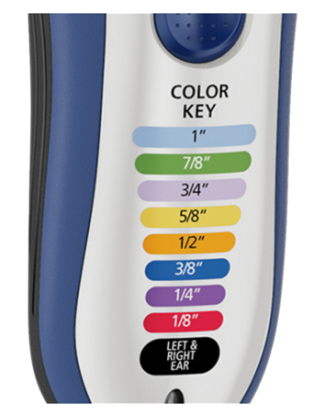Close-up of a trimmer with a color key indicating different cutting lengths. 
