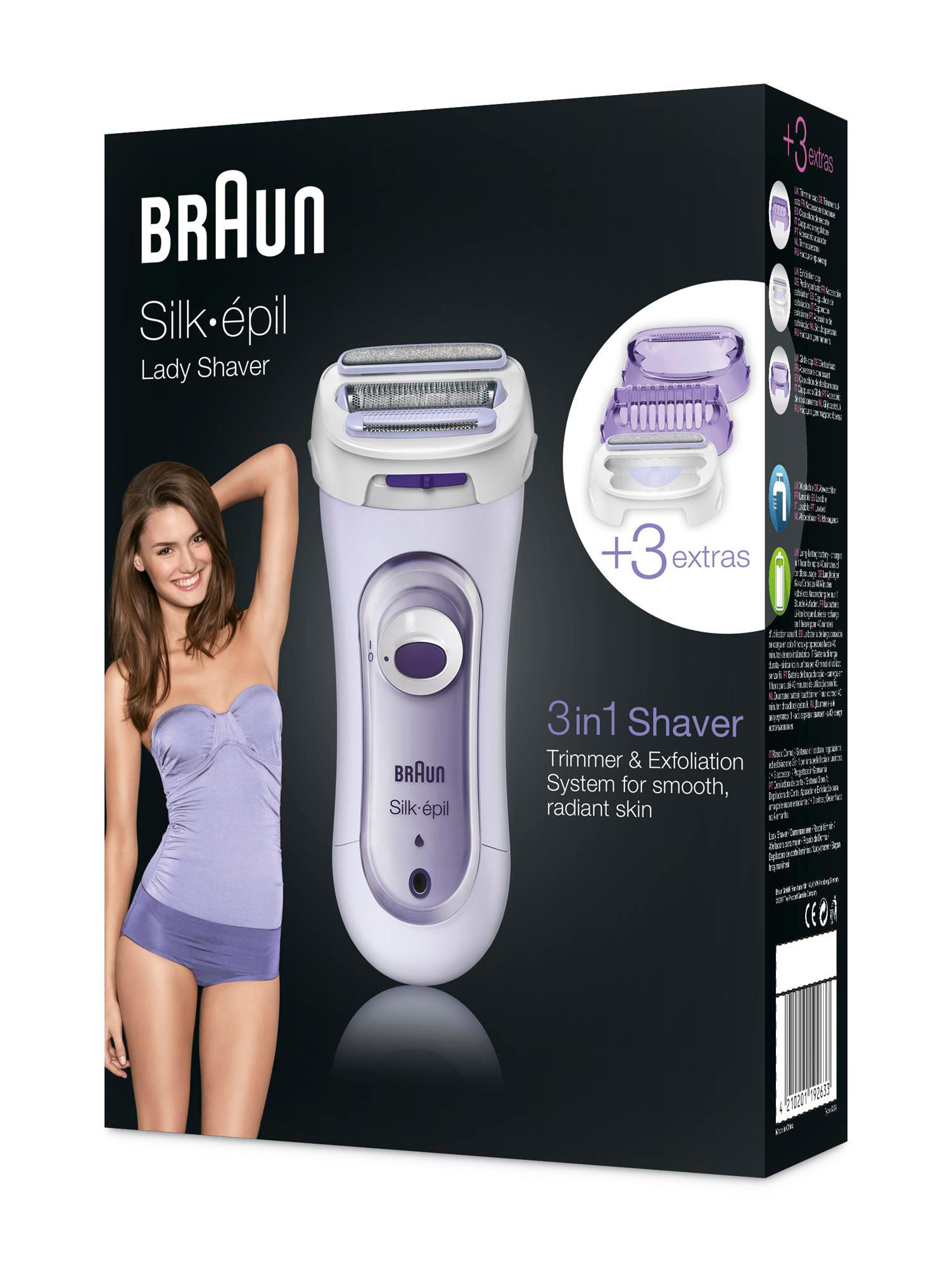 Braun Silk-épil Lady Shaver Box mit Frauenbild und Produktfoto. Inklusive Extras.
