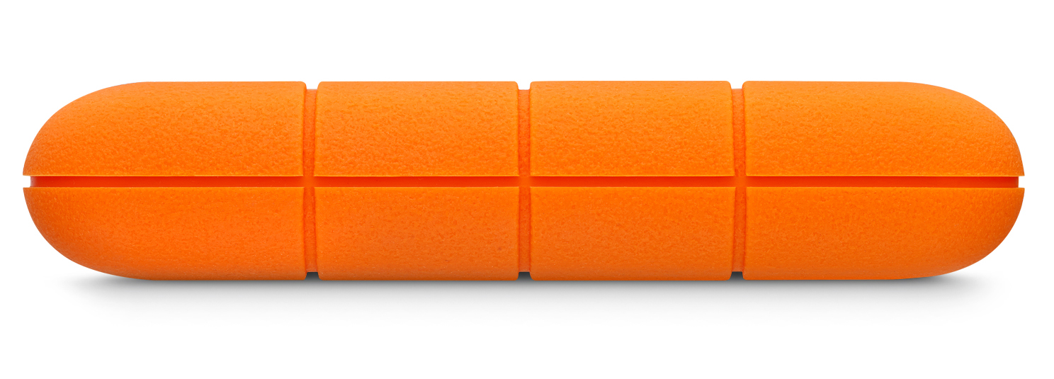 Orange, rectangular, rugged external hard drive. It has a ridged surface, with a flat top and bottom.