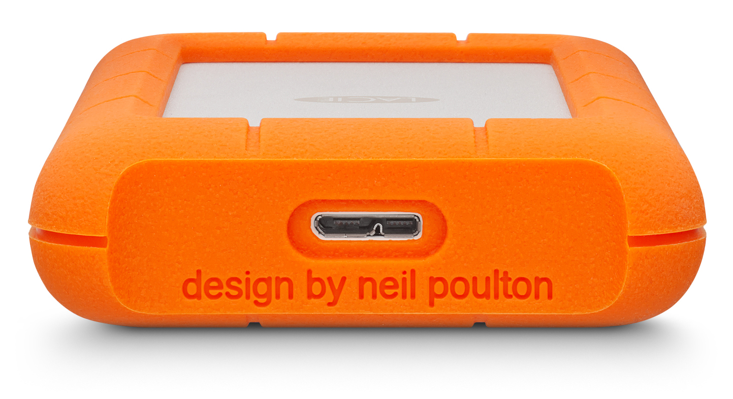 An orange, rectangular external hard drive with a USB-C port.
