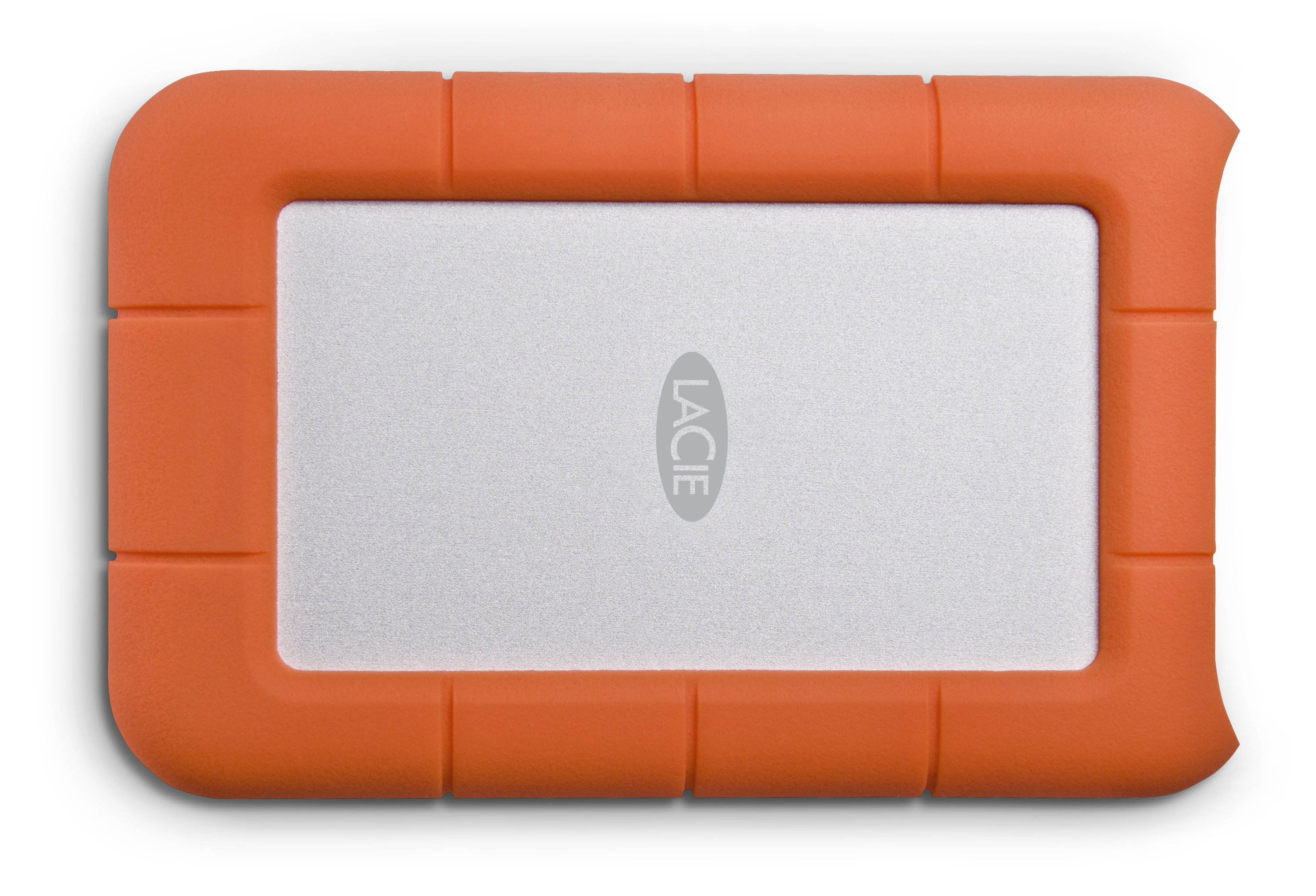 Orange and silver LaCie external hard drive. Rectangular shape with an orange bumper.