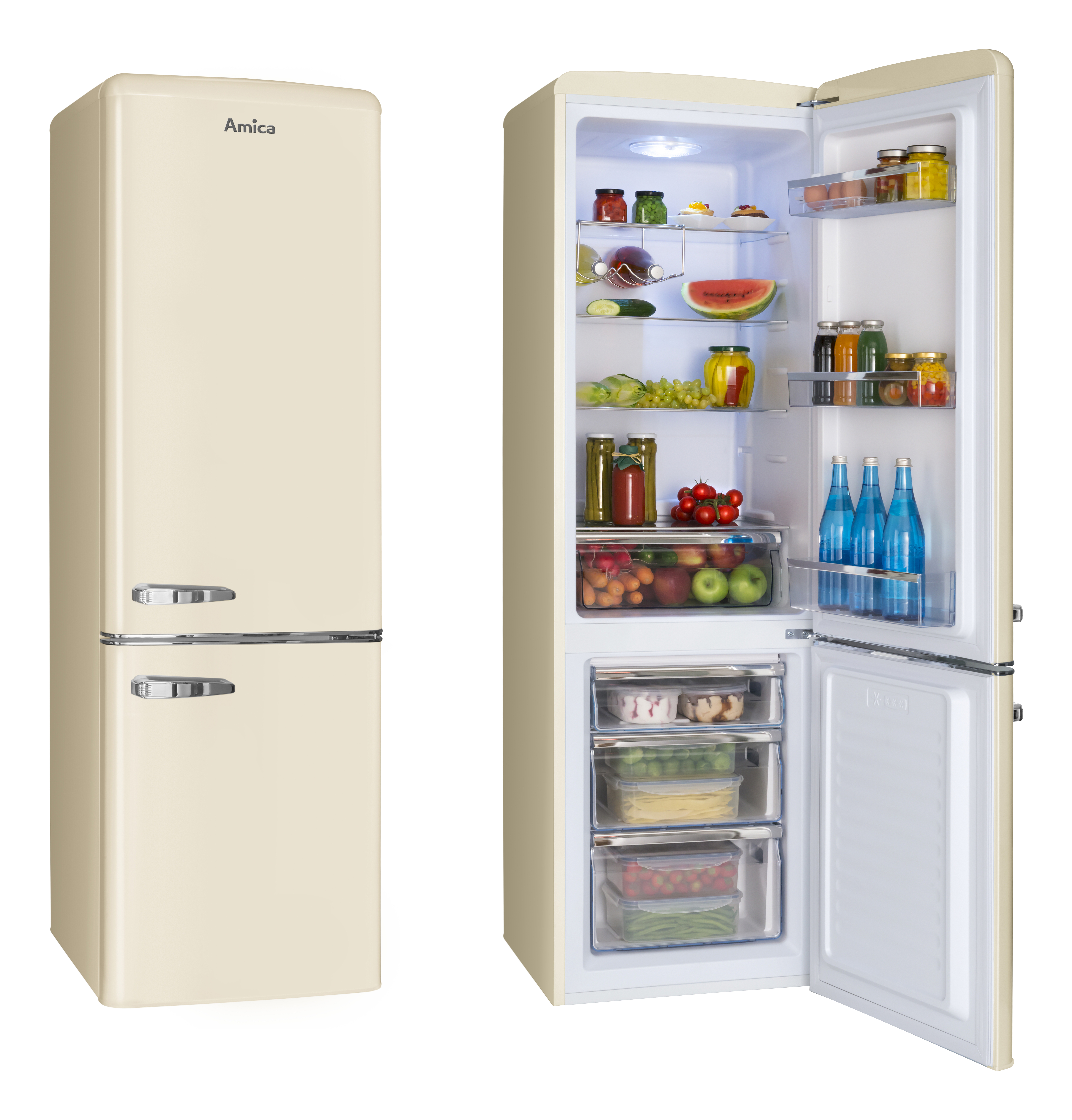 Beiger Retro-Kühlschrank, Tür offen. Im Inneren befinden sich Lebensmittel, Tür geschlossen.