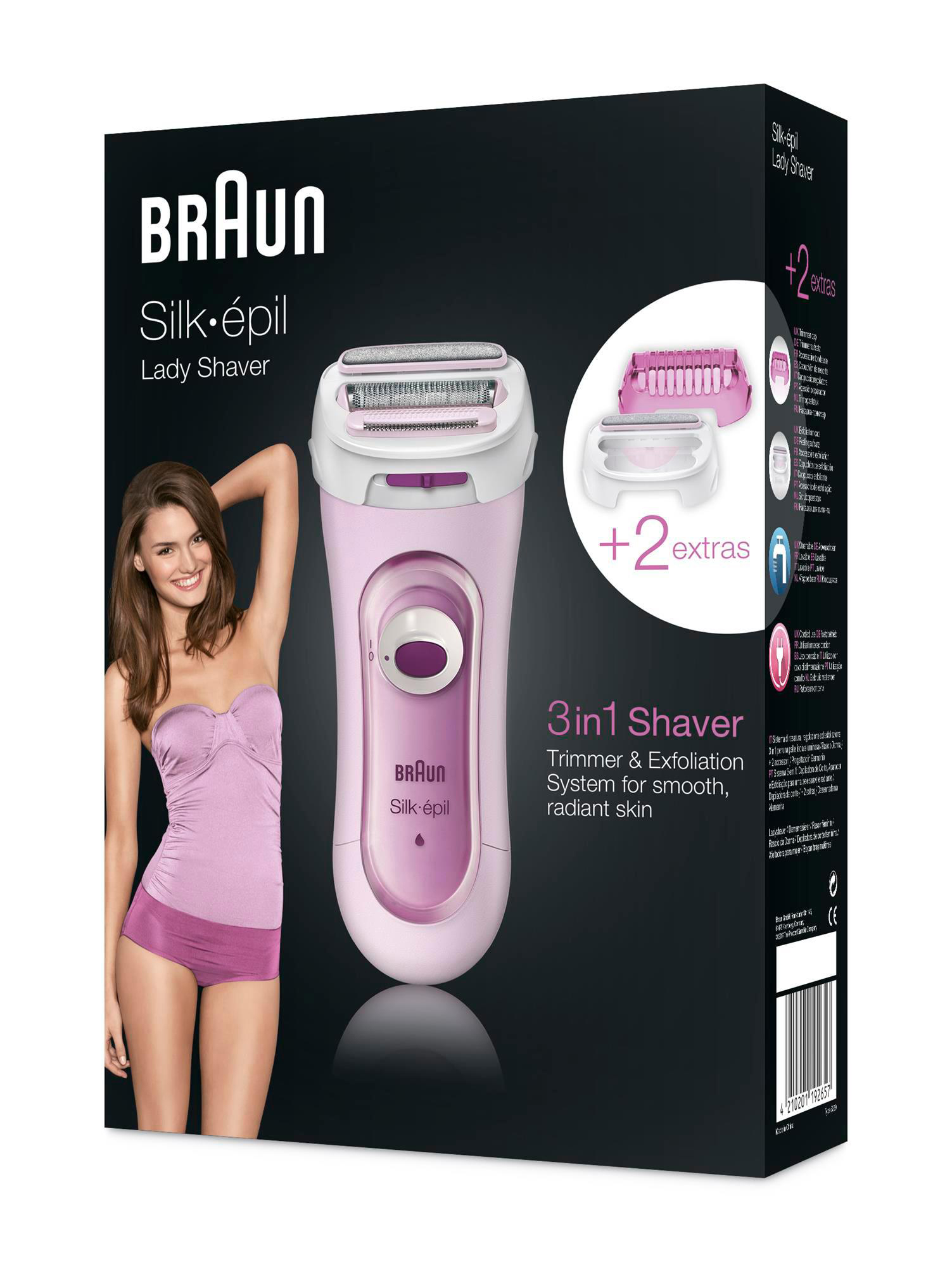 Eine Schachtel mit einem Damenshaver und Model. Die Schachtel hat die Marke und Produktdetails.