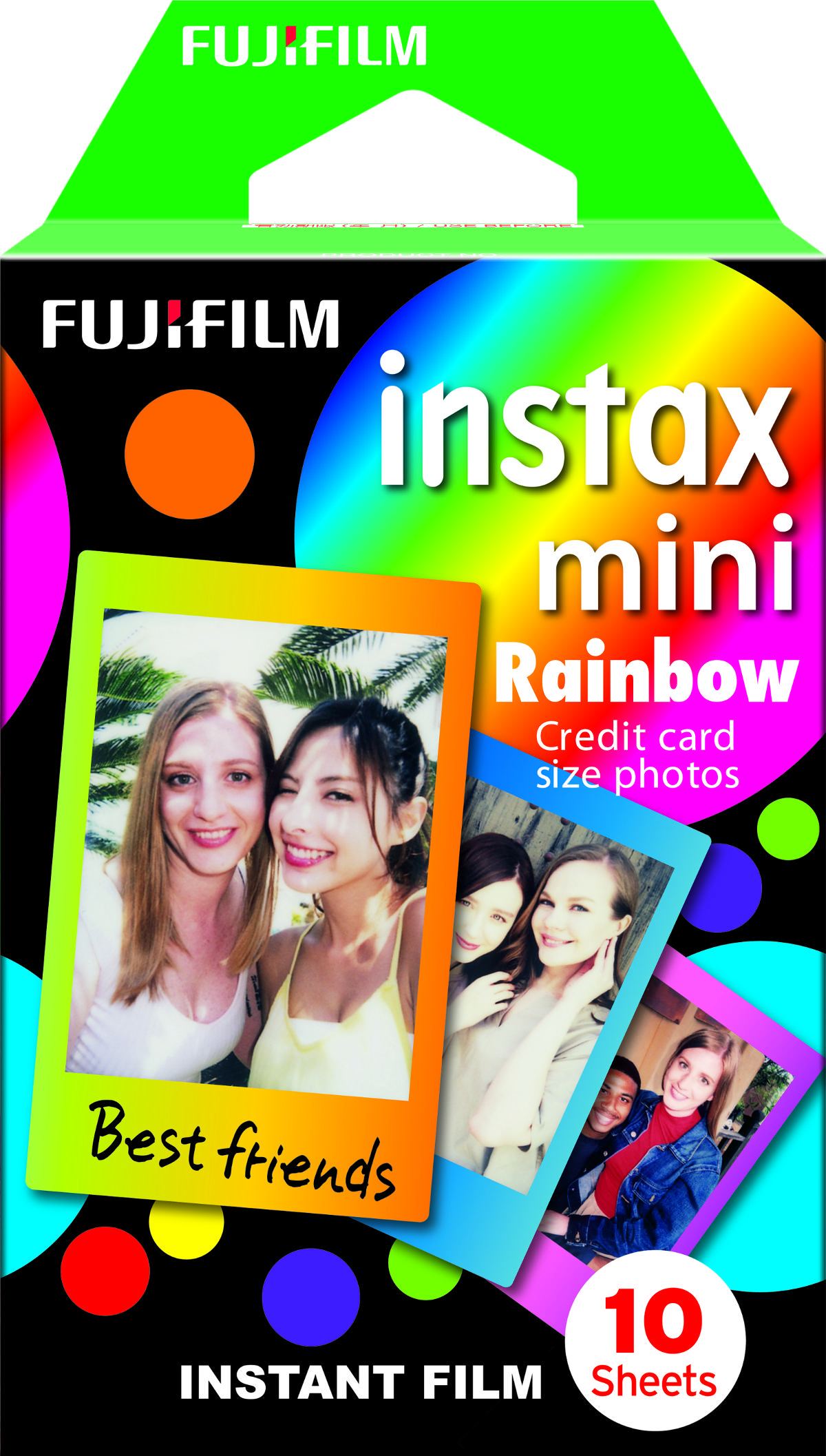 Instax Mini Rainbow film paketi. Arkadaşlar ve renkli tasarım fotoğrafları içerir.