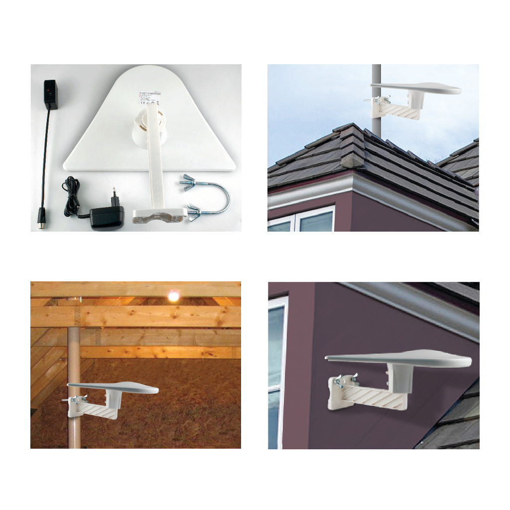 Több kép egy antenna telepítését mutatja. Az antenna fehér, és egy épületre van szerelve.