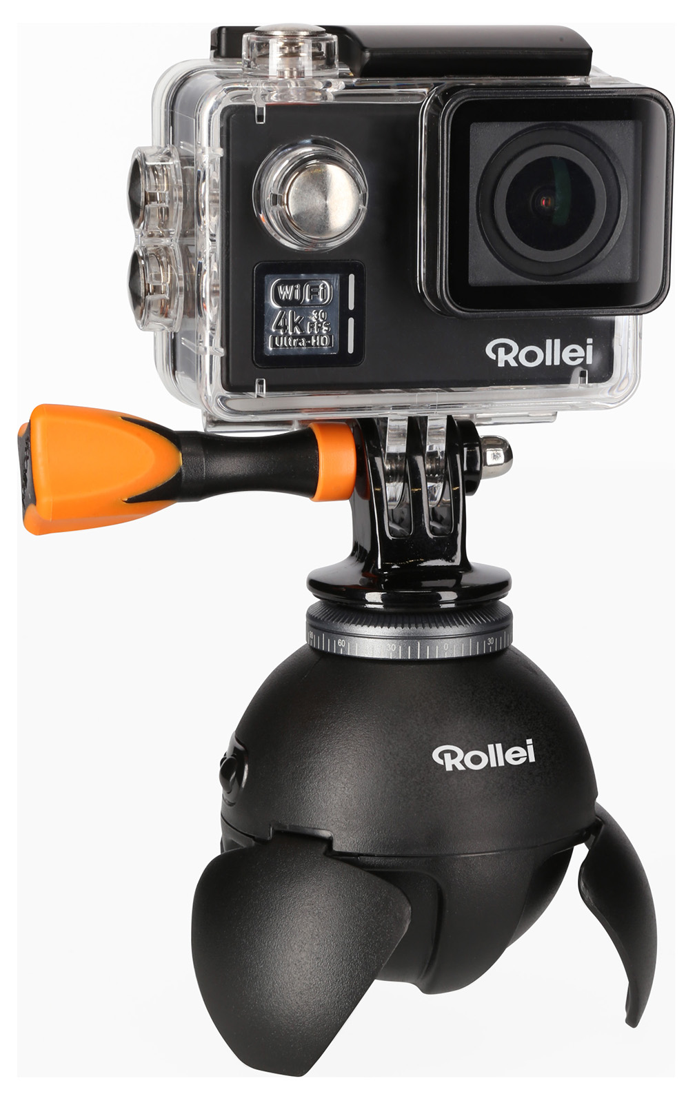 Een Rollei action camera op een statief. De camera is zwart met een oranje accent.