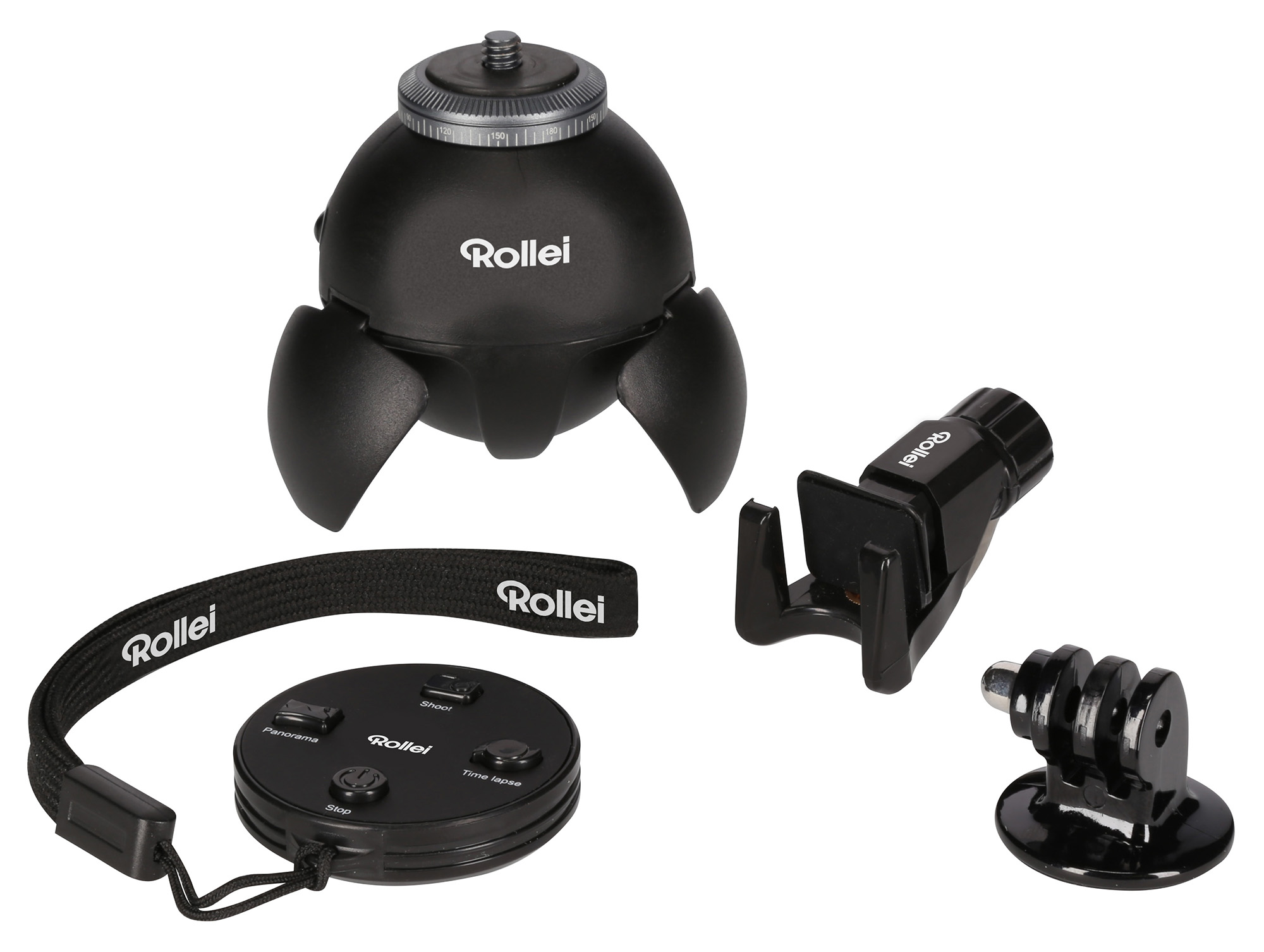 Zwarte Rollei camera-accessoires: statief, afstandsbediening en houder, op een wit oppervlak.