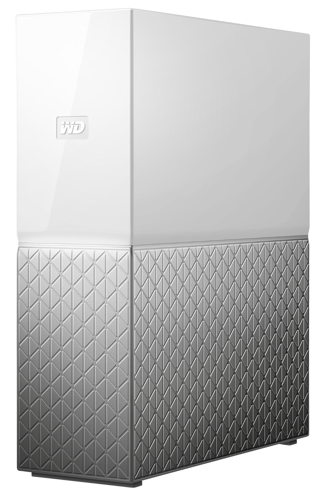 A white external hard drive with a silver, textured bottom half and a smooth top half.