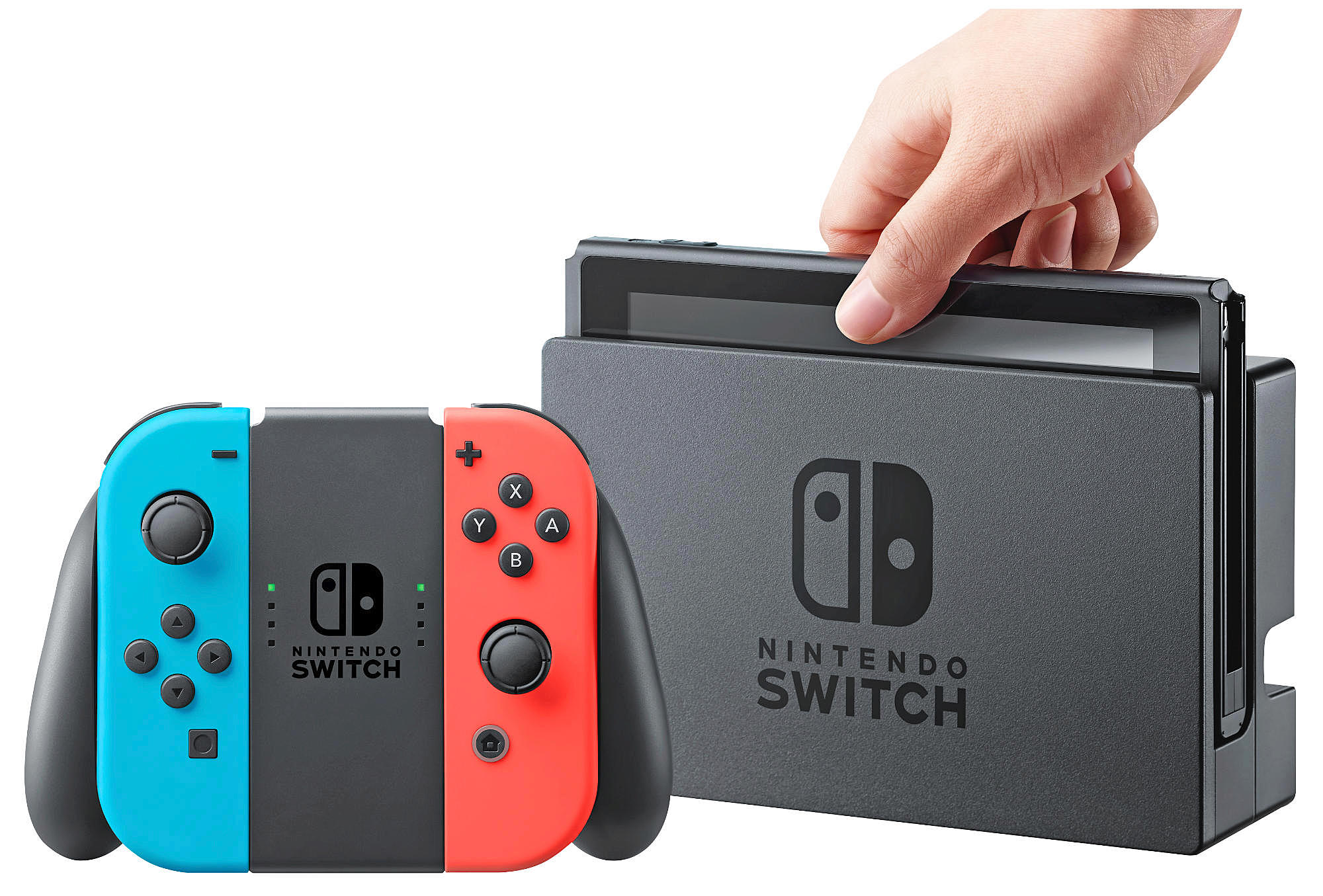 Une console Nintendo Switch avec manettes Joy-Con détachées. Une main insère la Switch dans son dock.