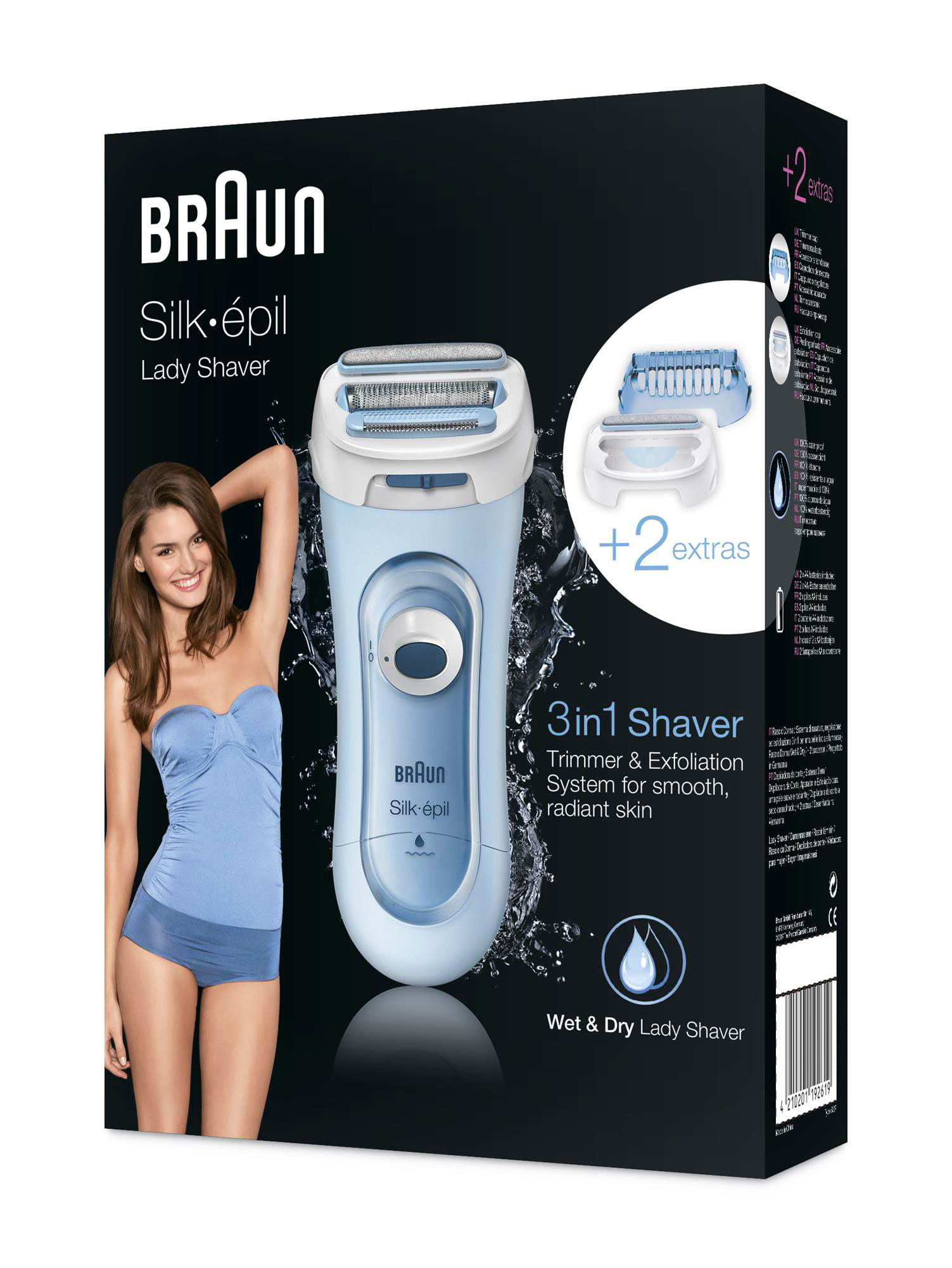 Braun Silk-épil Lady Shaver Box mit einer Frau in einem blauen Oberteil. Der Rasierer befindet sich rechts.