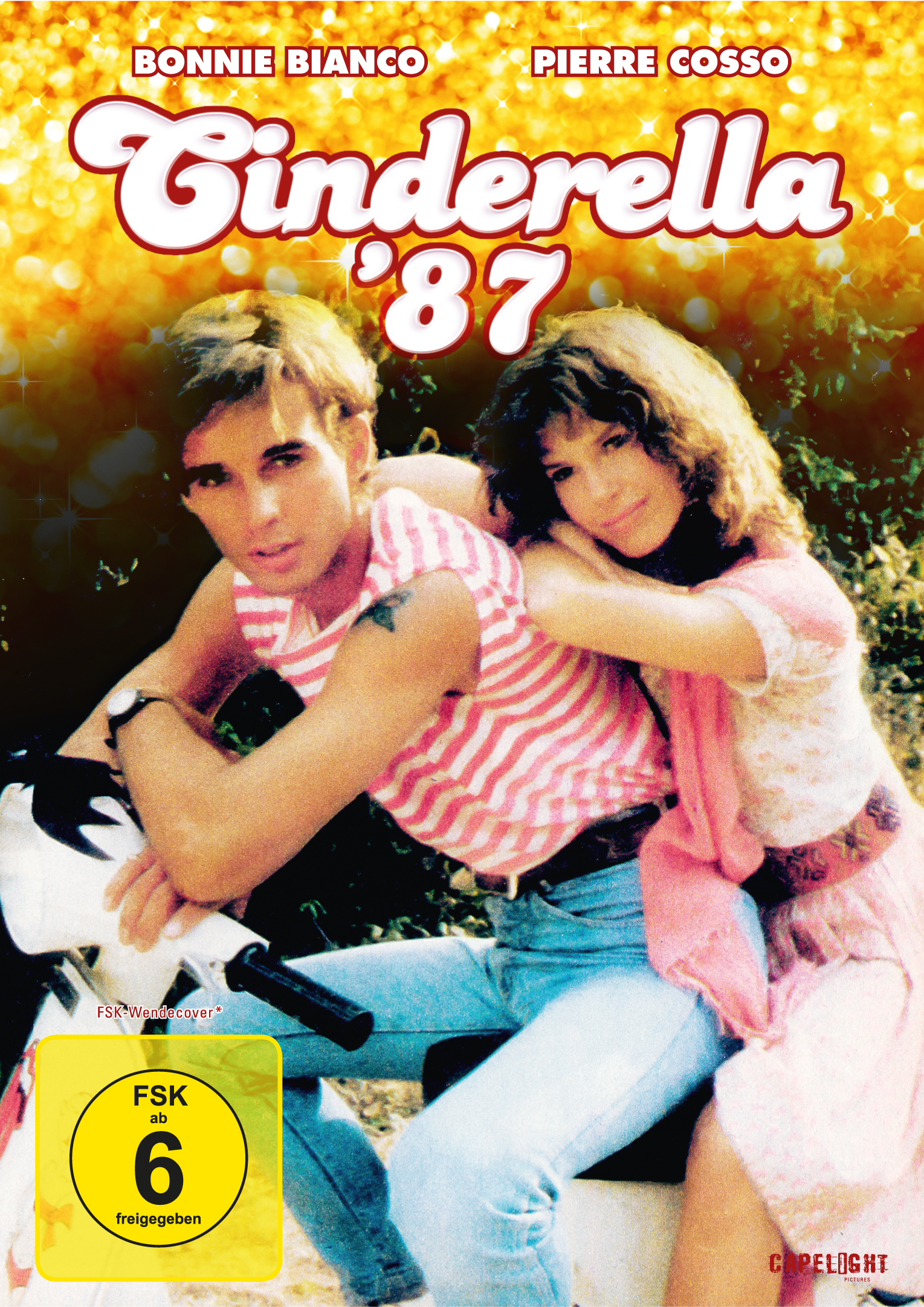 Filmposter eines Paares auf einem Roller. Der Titel lautet 'Cinderella '87'. Helles, farbenfrohes Design.