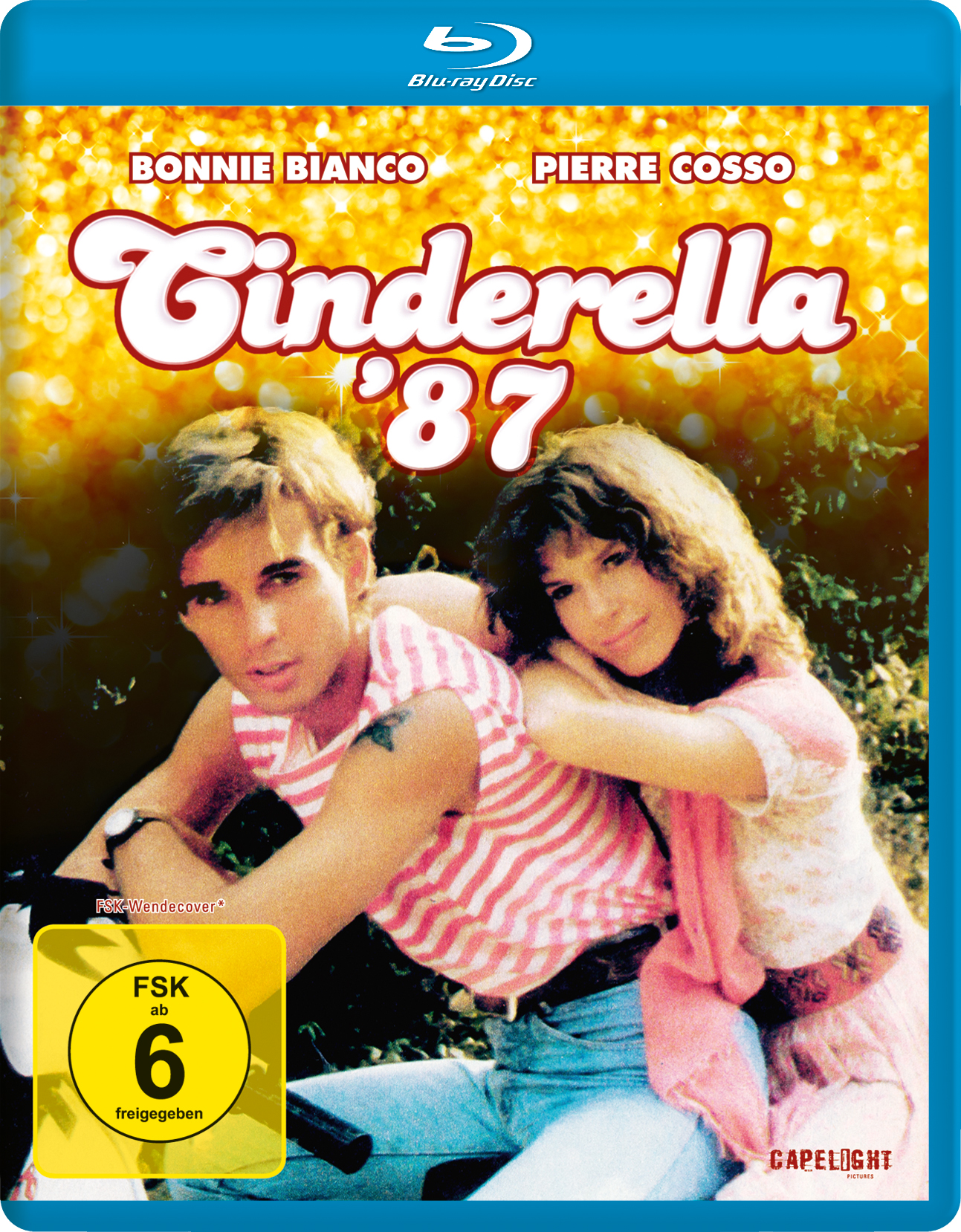 Cinderella '87 Blu-ray Cover. Paar auf Motorrad mit funkelndem Hintergrund.