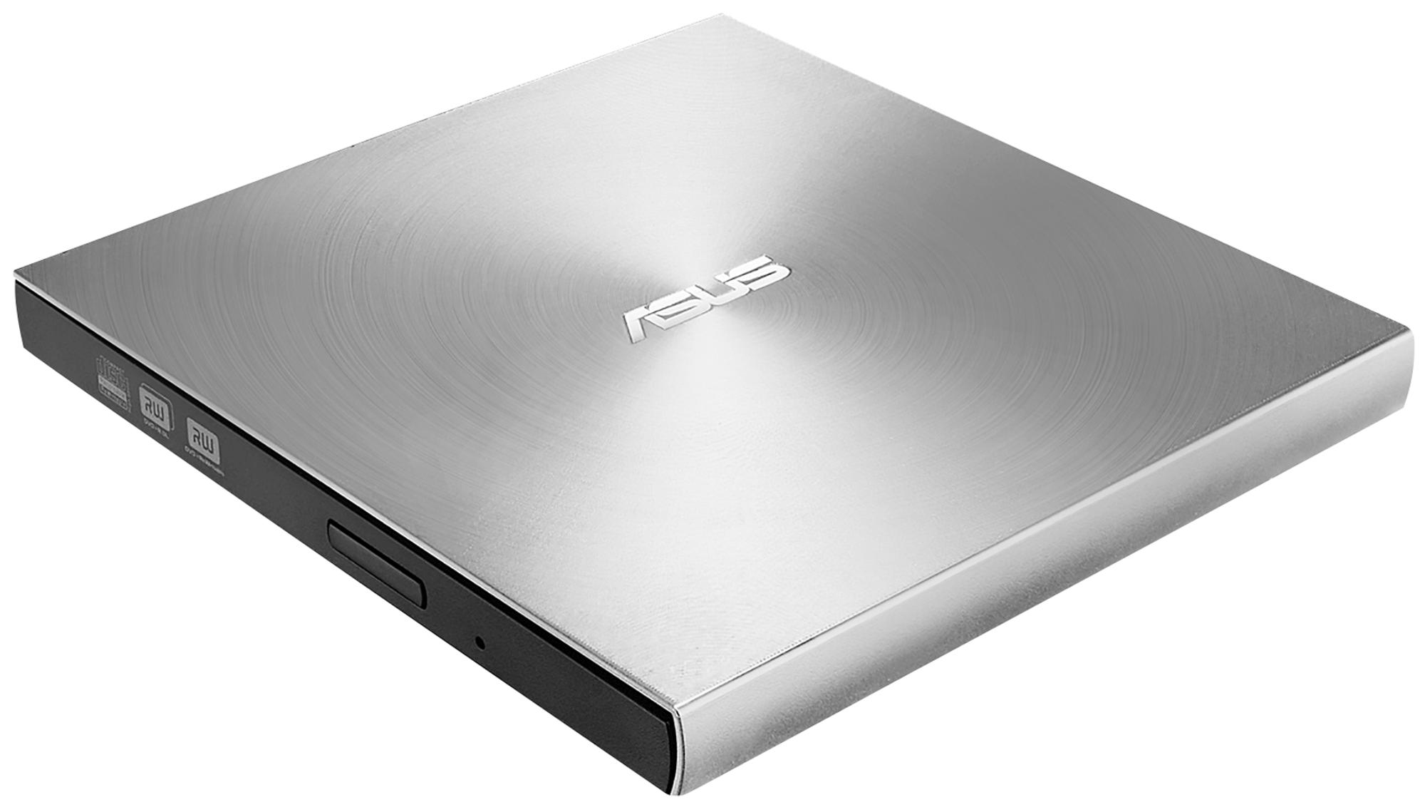 Silbernes ASUS DVD-Laufwerk. Silbernes, rechteckiges Gerät mit ASUS-Logo oben. Schwarze Seitenblende.