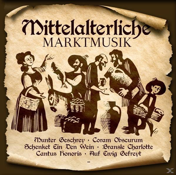 Albumcover: Mittelalterliche Illustrationen von Menschen, einem Esel und Text. Alte Papierstruktur.