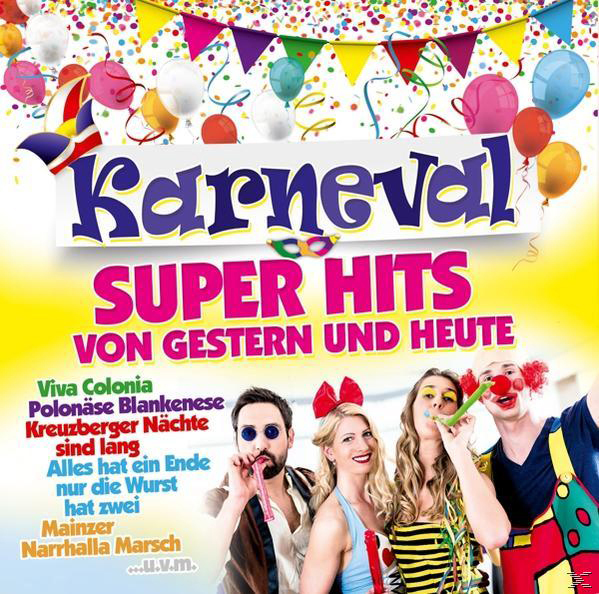 Albumcover: 'Karneval Super Hits'. Menschen in Kostümen, Text, Konfetti, festliche Atmosphäre.