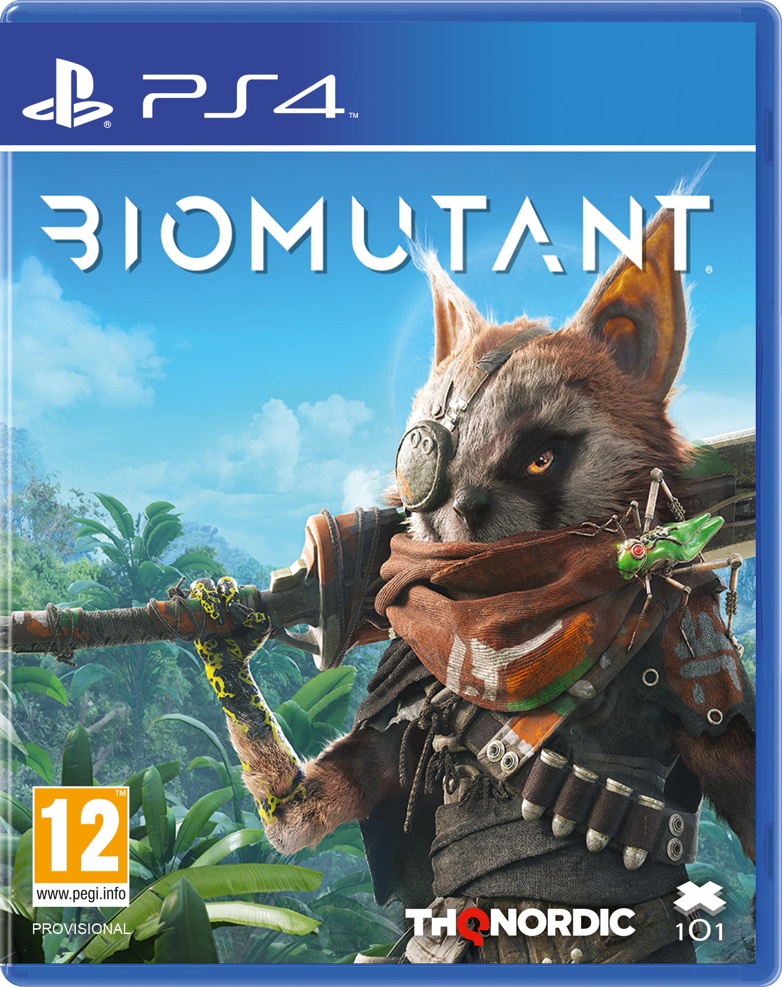 PS4 game cover van Biomutant, met een wasbeerachtig wezen met een wapen.