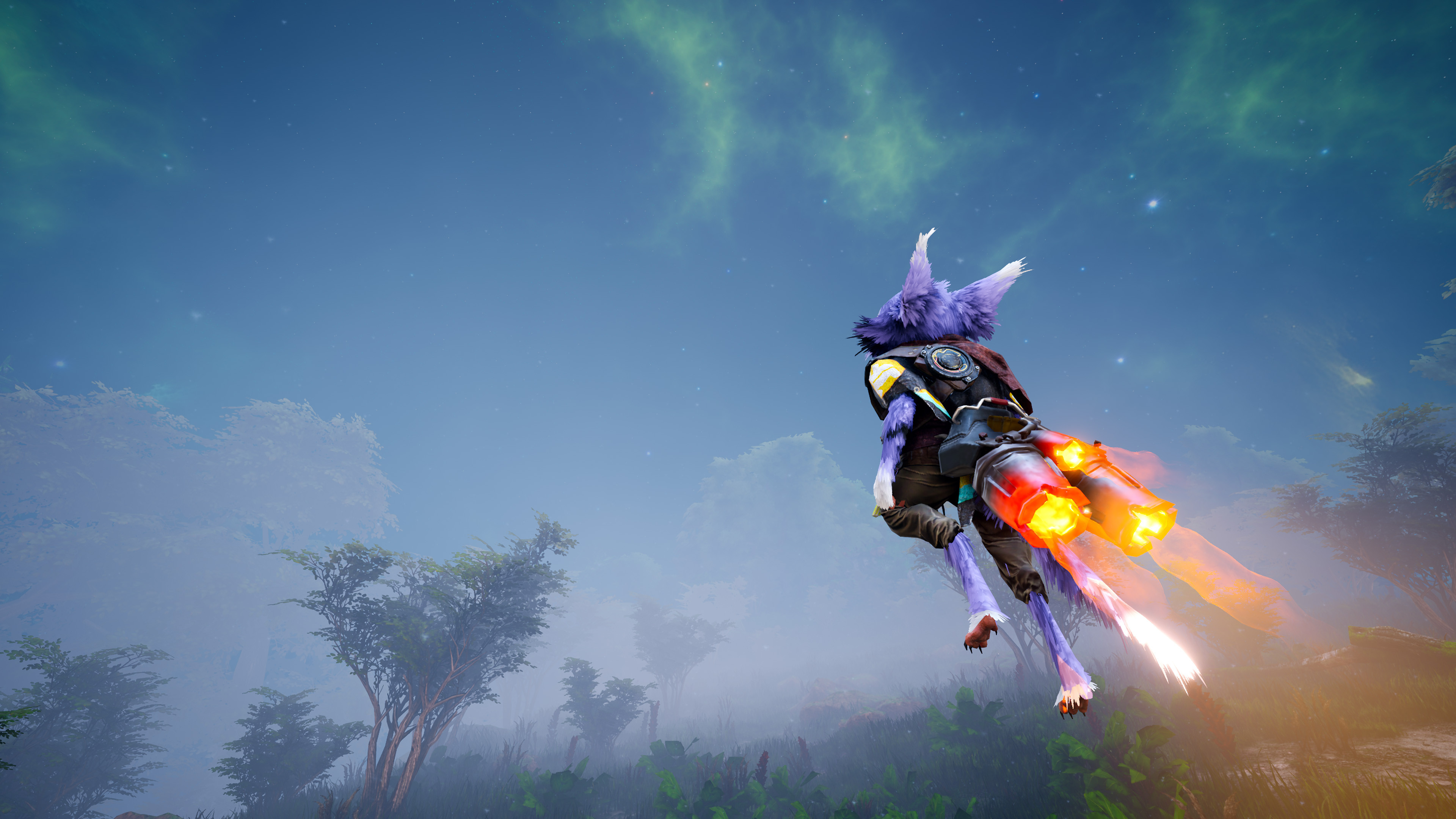 Een harig personage vliegt met een jetpack, groen landschap, blauwe lucht met wolken.