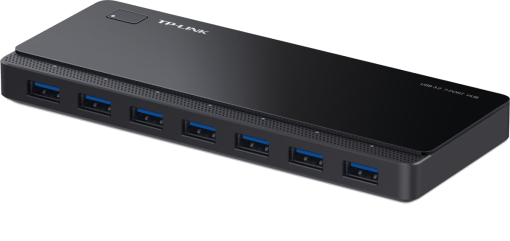 Schwarzer USB 3.0 7-Port-Hub. Er hat sieben USB-Anschlüsse und eine Betriebsanzeige. Die Marke TP-Link ist sichtbar.