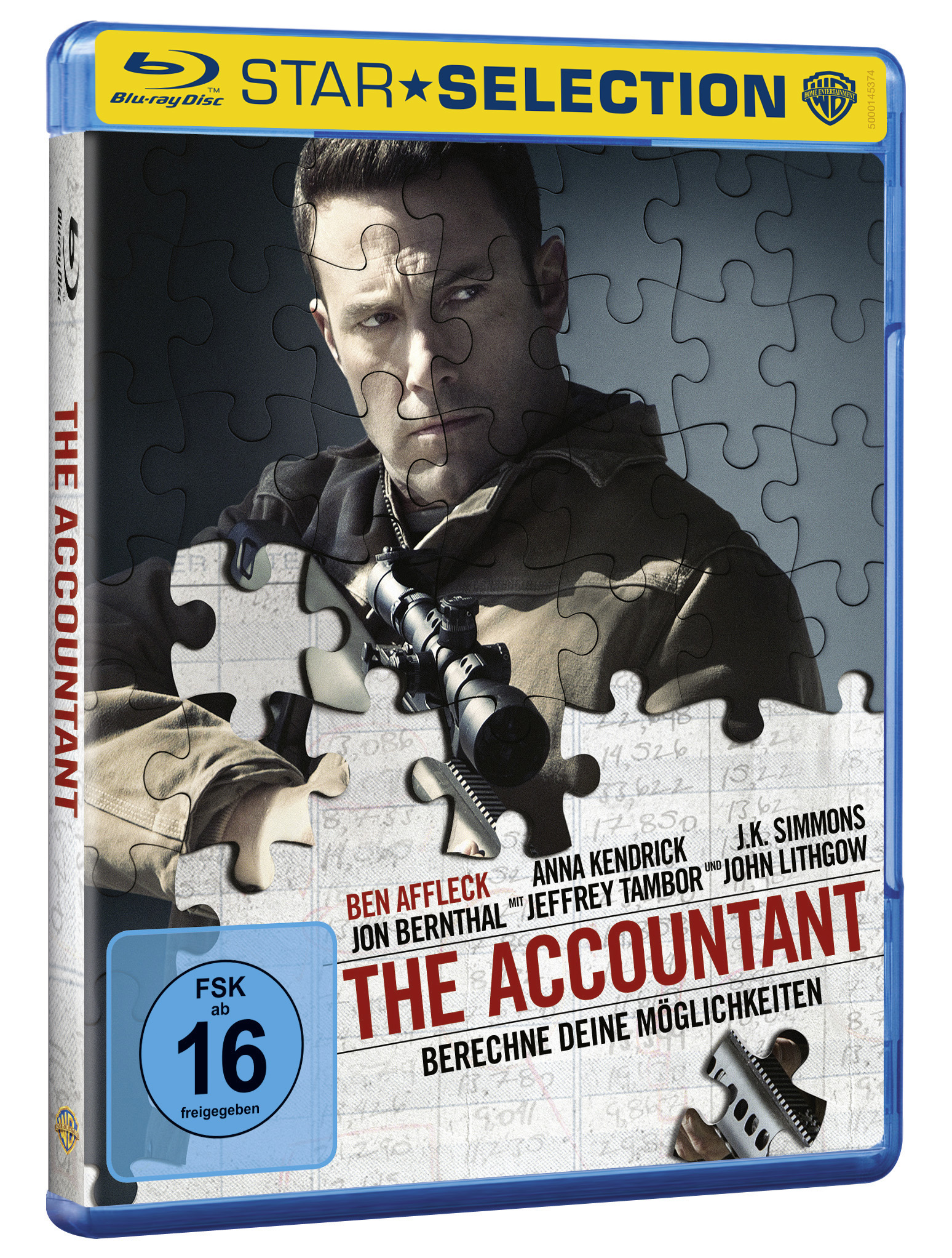 Blu-ray-Box-Art. Das Gesicht von Ben Affleck auf einem Puzzle. Text: The Accountant. Dunkler Hintergrund mit einer Waffe.