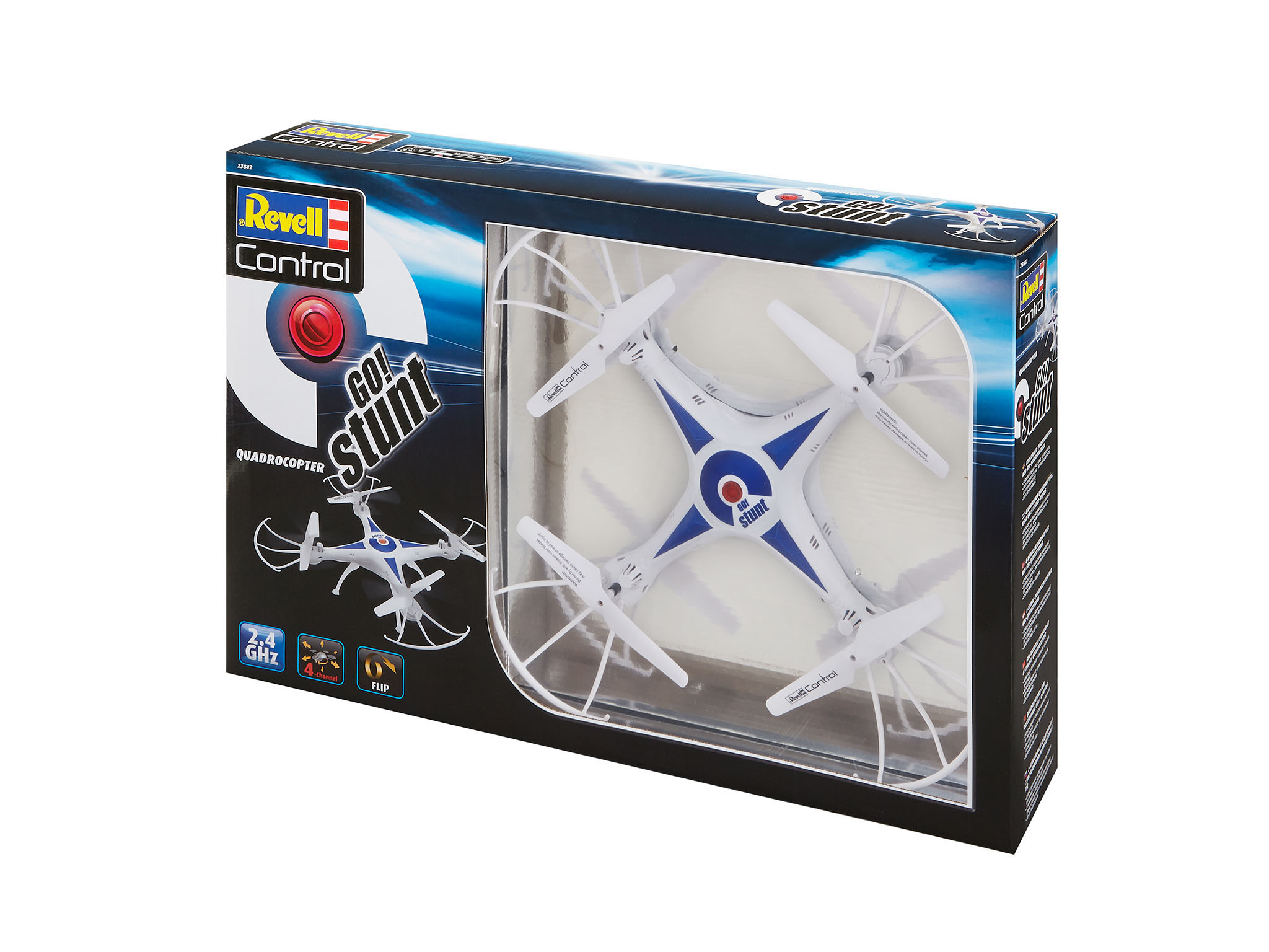 QuadroCopter in einer Box. Weiße und blaue Drohne durch die transparente Front der Box sichtbar.