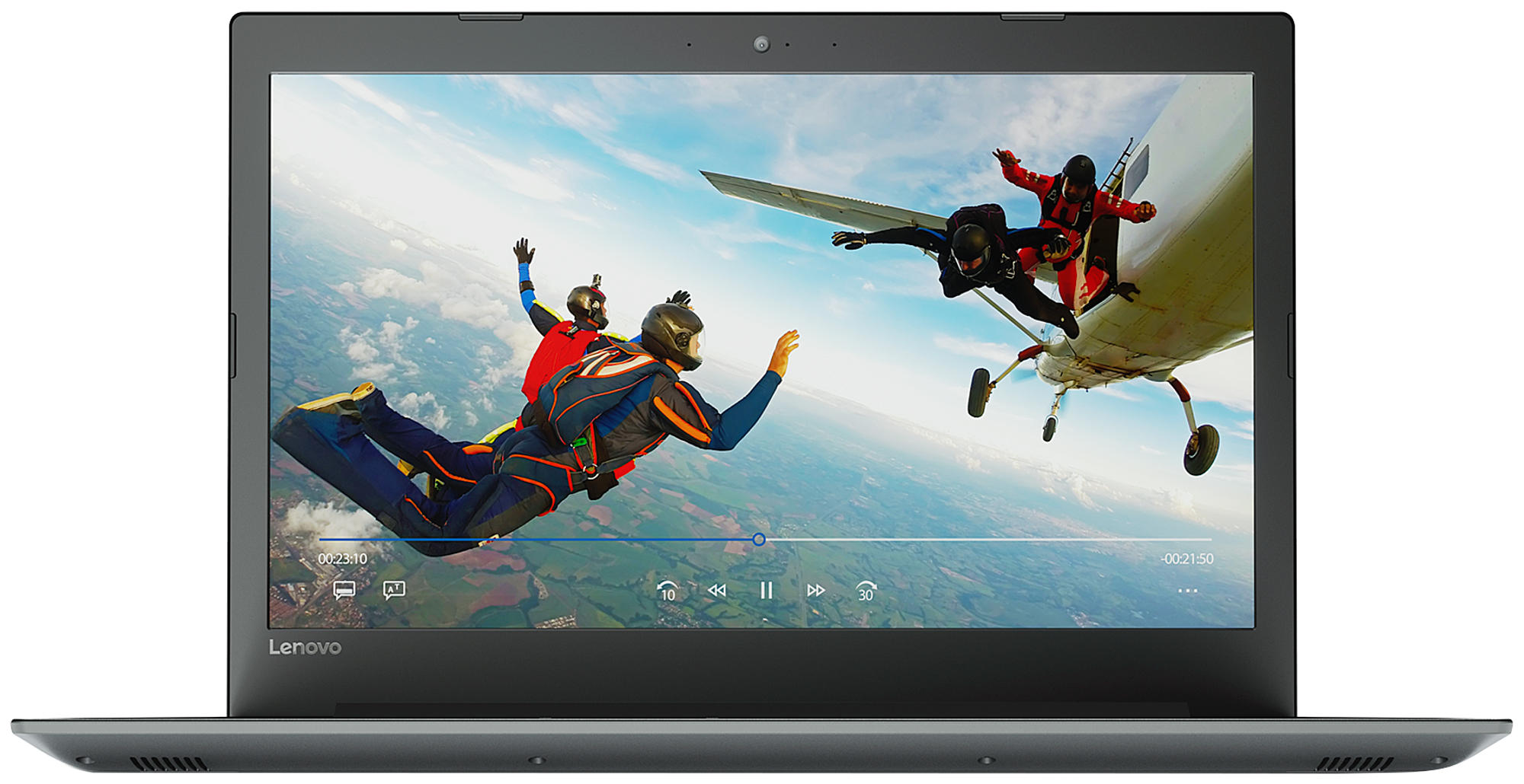 Ein Laptop-Bildschirm mit Fallschirmspringern. Ein Flugzeug ist im Hintergrund. Die Zeit wird auf dem Bildschirm angezeigt.