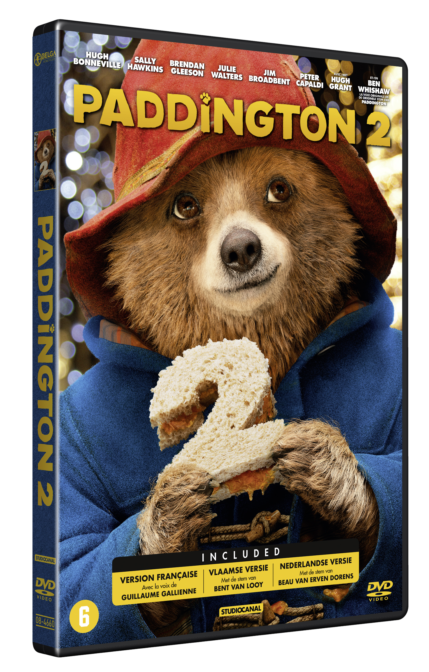 Couverture DVD de Paddington 2. Paddington tient un sandwich, chapeau rouge. Noms des acteurs.