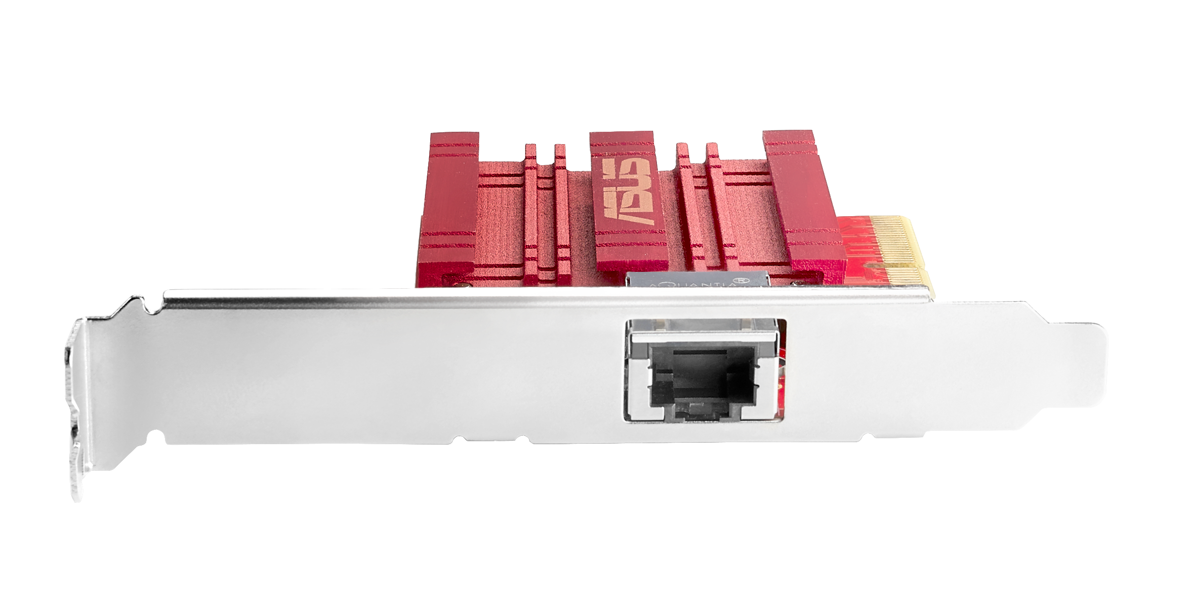 A silver and red ASUS network card with RJ45 port on a black background.