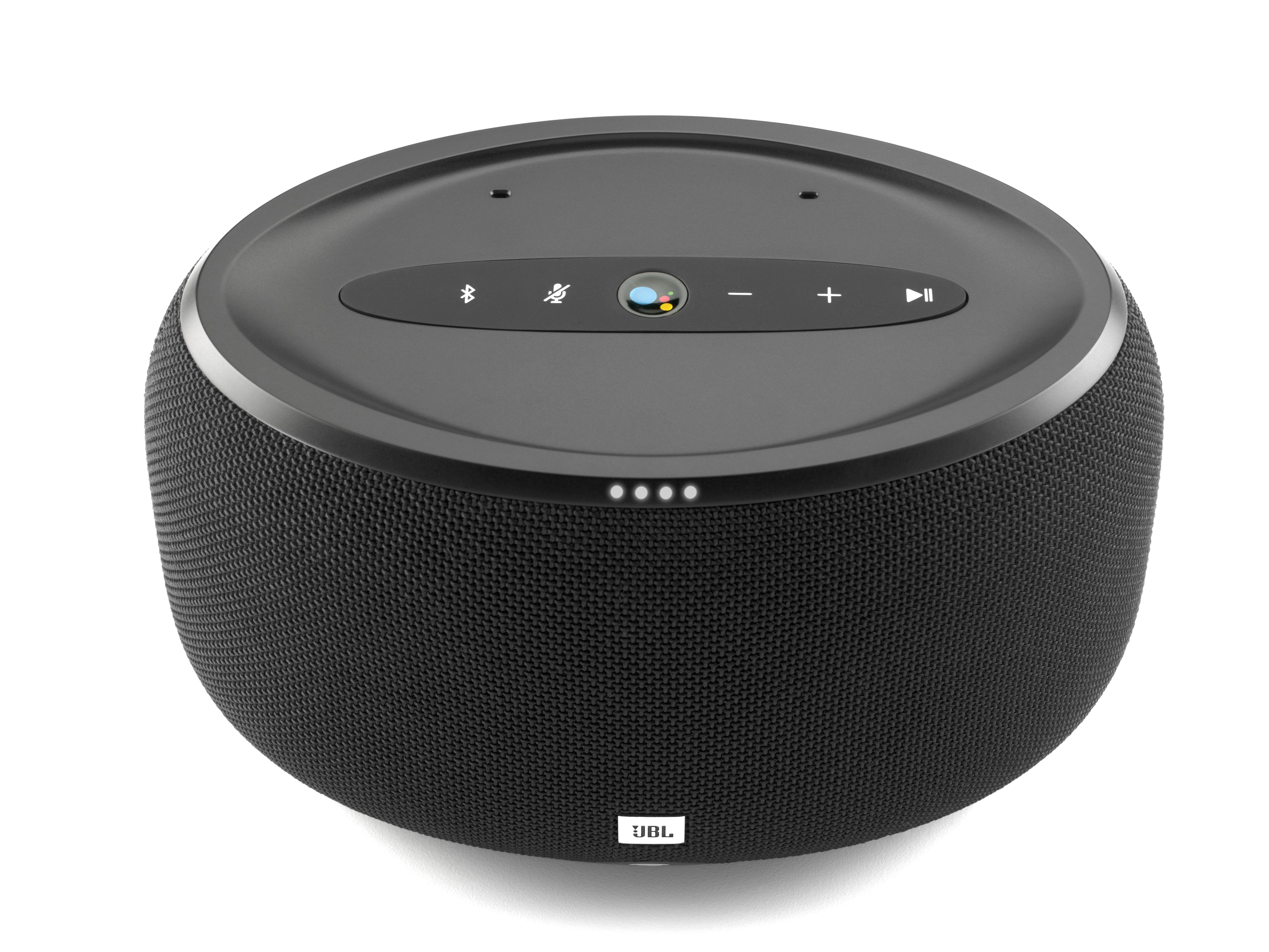 Schwarzer JBL-Lautsprecher. Oberseite mit Bedienelementen und Logo. Netzstoff umhüllt die Seiten.