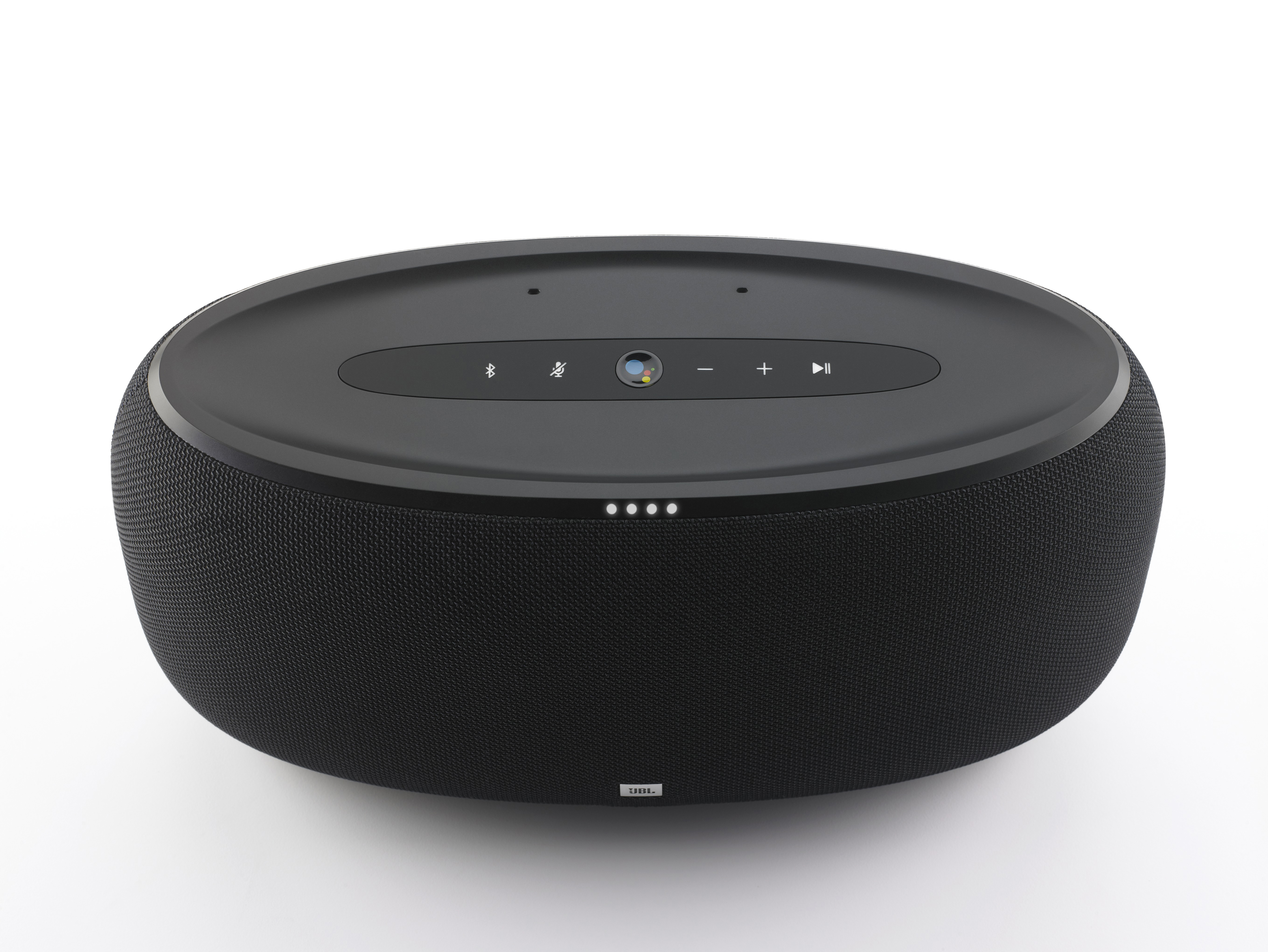 Schwarzer JBL-Lautsprecher mit Bedienelementen oben. Weißer Hintergrund.