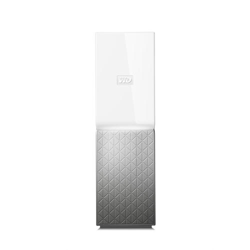 White and gray external hard drive. Top portion white, bottom gray.