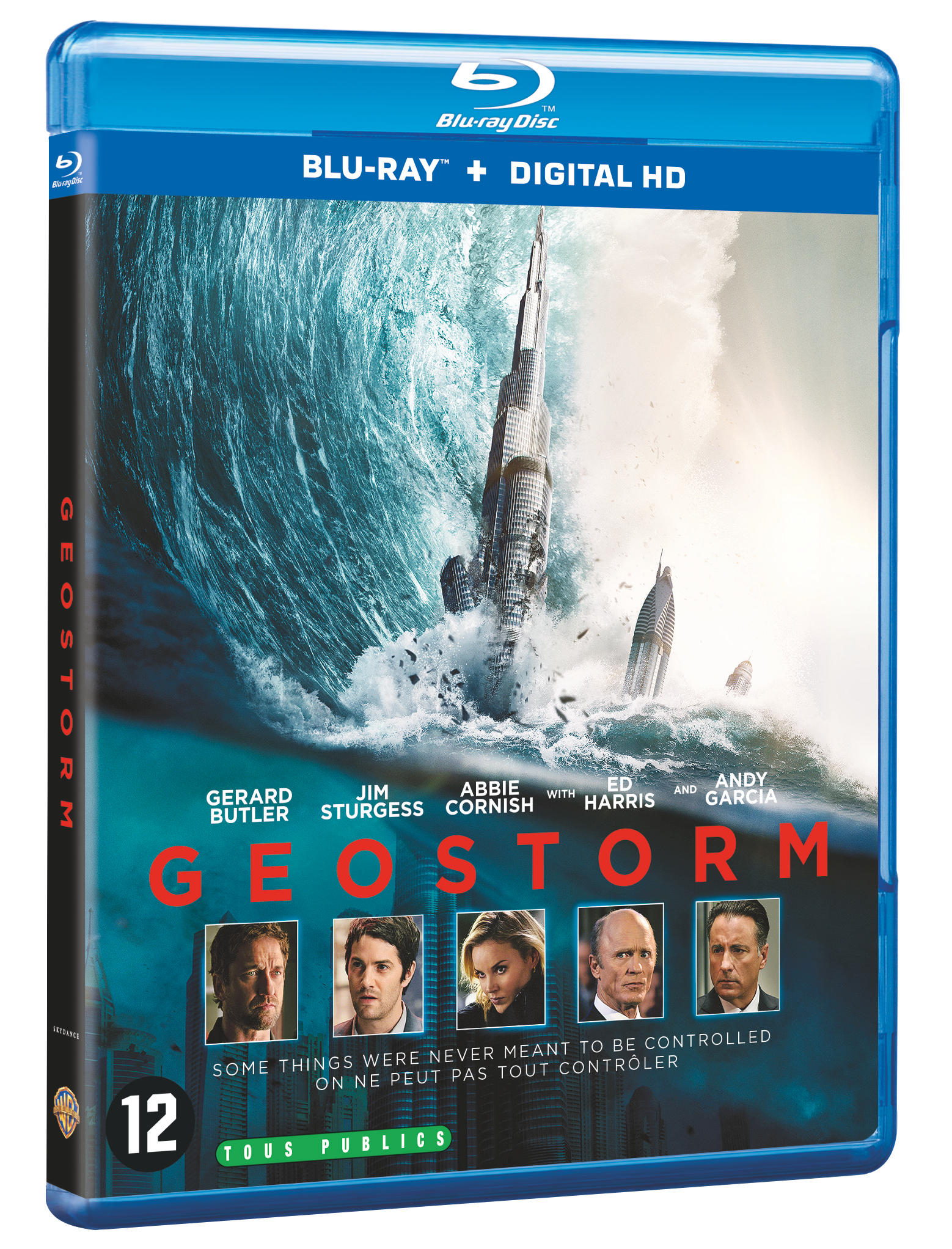 Pochette Blu-ray "Geostorm" : des gratte-ciel tombent dans un raz-de-marée.