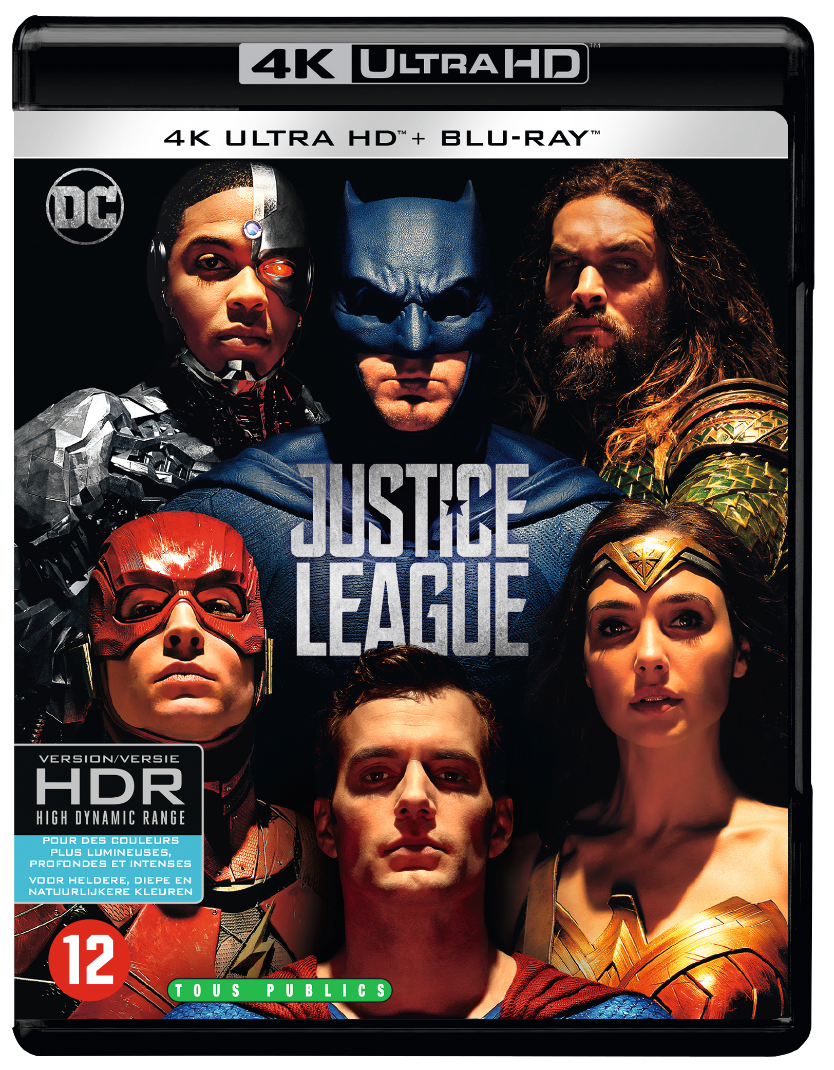 Justice League Blu-ray cover met helden: Batman, Superman, Wonder Woman, Flash, Aquaman, Cyborg.