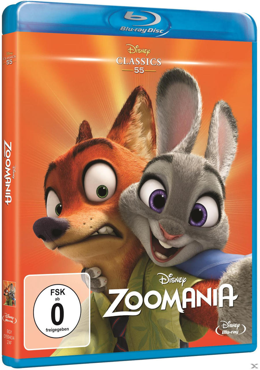 Filmcover von Zootopia. Ein Fuchs und ein Kaninchen sind auf dem Cover. Blaue Hülle und orangener Hintergrund.