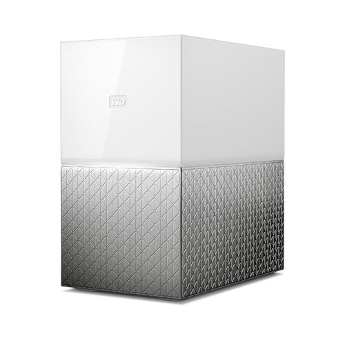 White and silver rectangular external hard drive. The top is white, the bottom is silver, patterned.